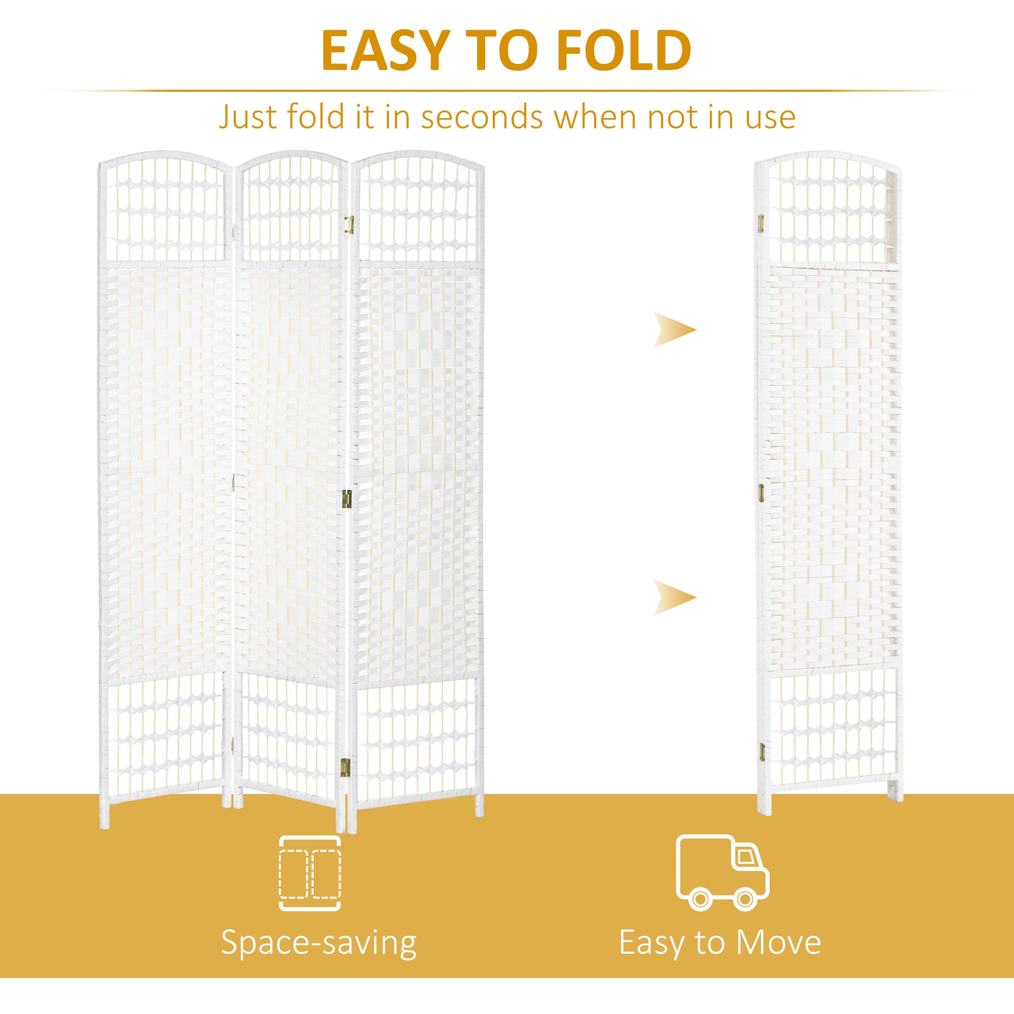3 Panel Folding Room Divider, Portable Privacy Screen, Wave Fiber, White