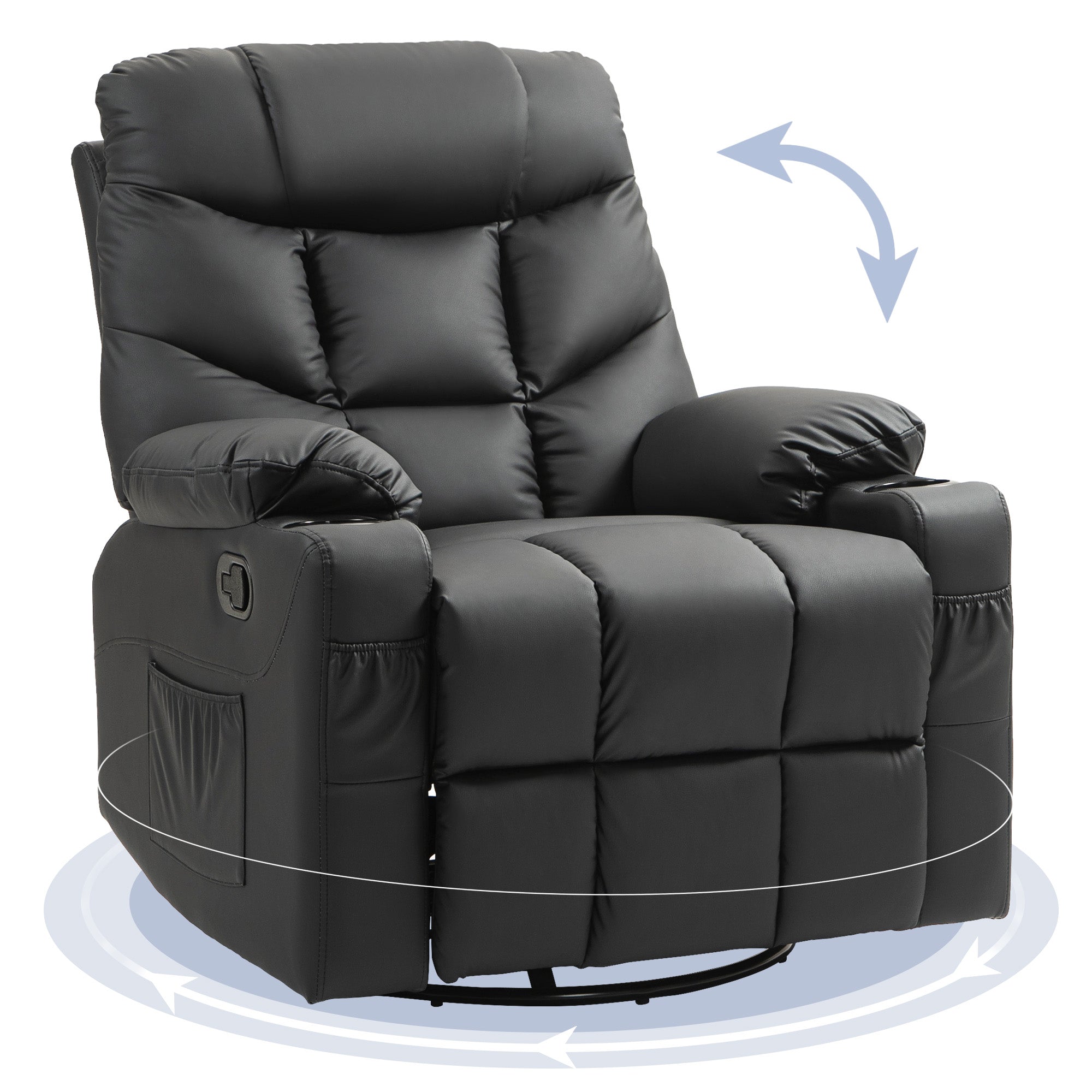 HOMCOM Recliner Armchair, Swivel PU Leather Manual Reclining Chair with Adjustable Leg Rest, Drink Holders, Side Pockets, Rocker Chair for Home Living Room, Black