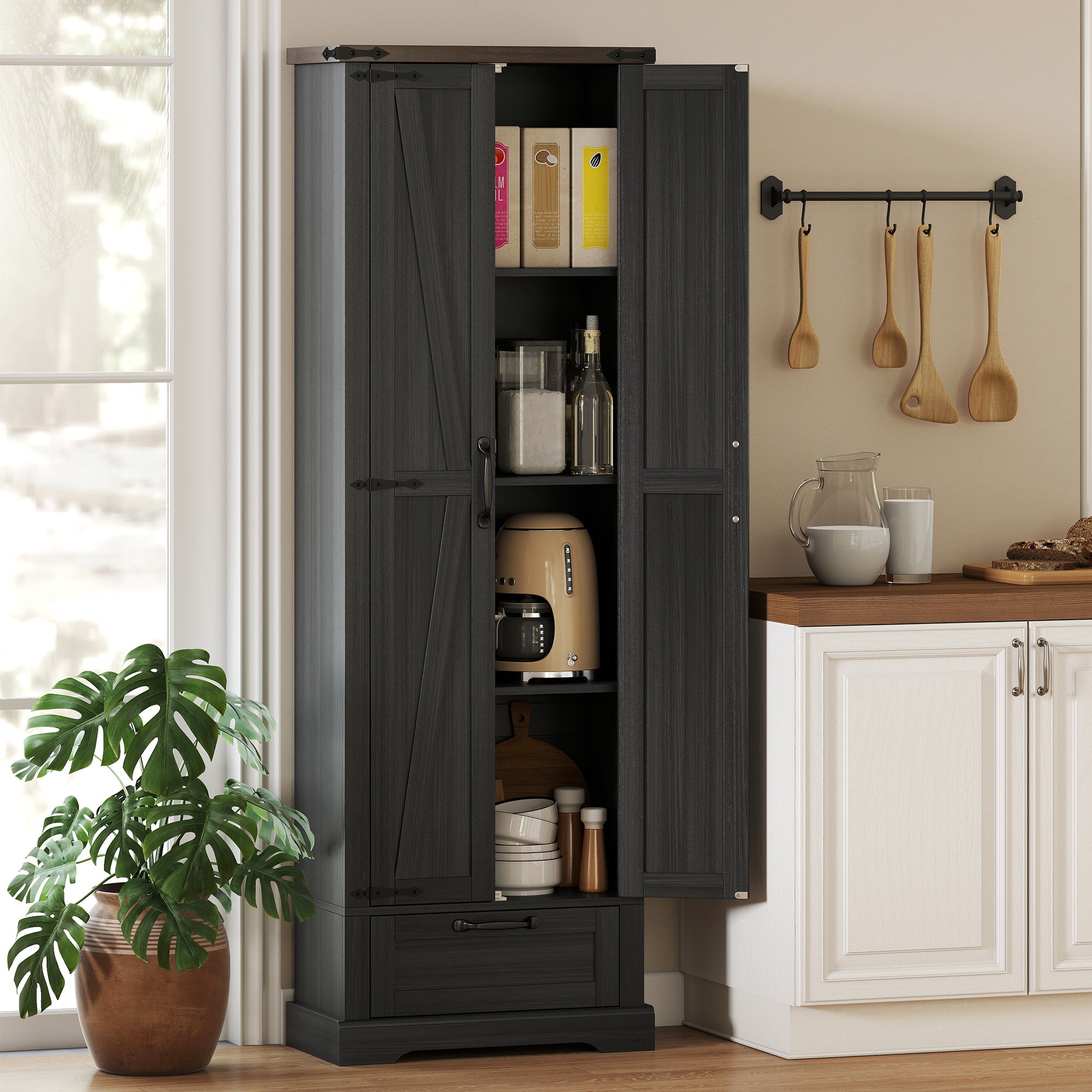 71" Tall Kitchen Pantry, Farmhouse Storage Cabinet with Barn Doors, Drawer and Adjustable Shelves, Freestanding Food Pantry Cabinet for Kitchen, Dining Room, Black