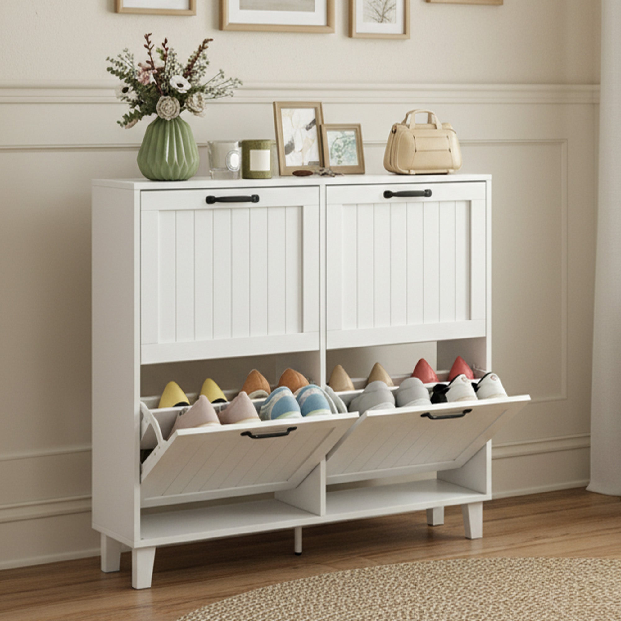 Shoe Cabinet with 4 Flip Drawers, Freestanding Narrow Shoe Storage Cabinet with Adjustable Shelves, Open Back, Bamboo Legs for Entryway, Hallway, Holds 16-20 Pairs, White