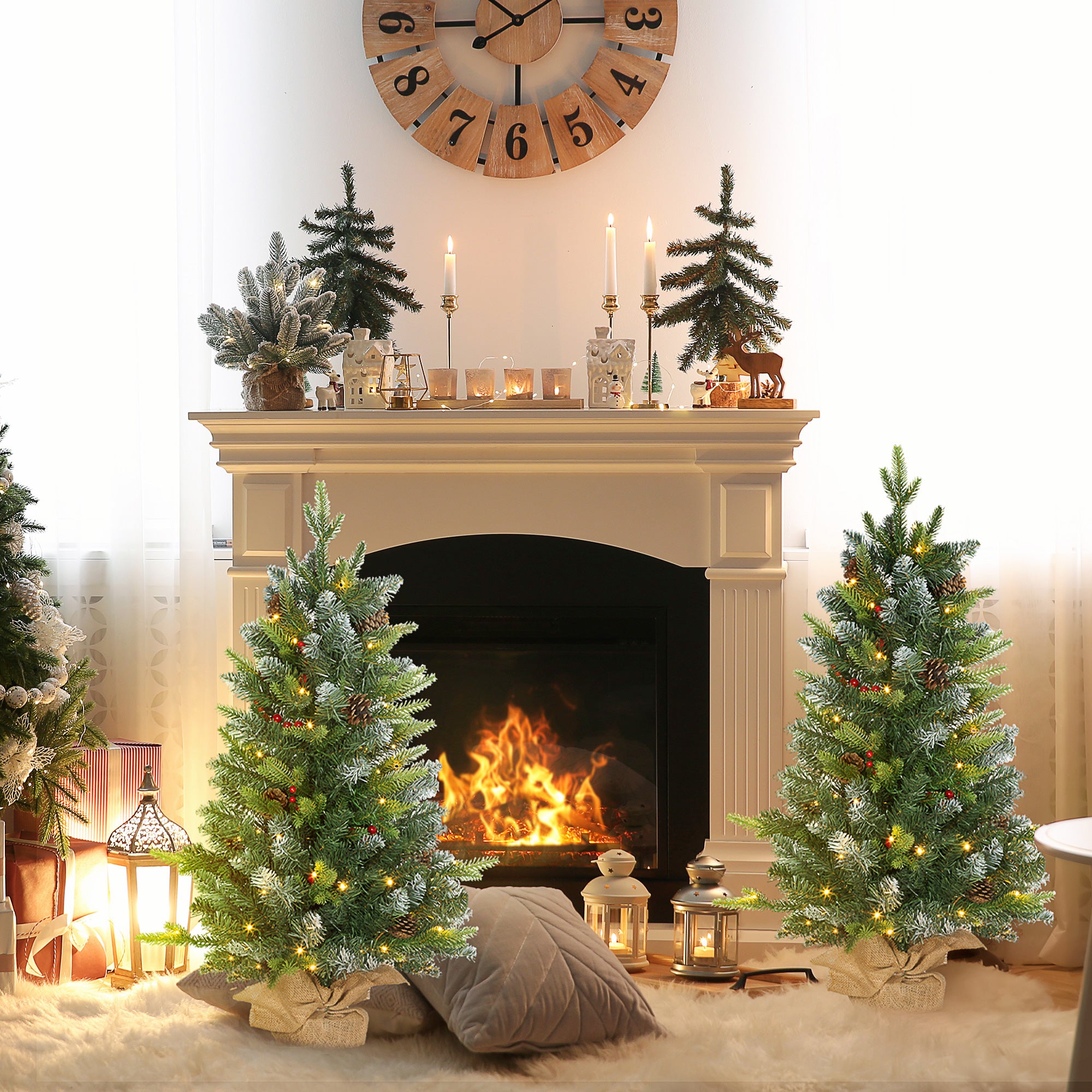 HOMCOM 2 Pieces 3ft Prelit Artificial Christmas Tree with LED Light and 291 Tips, Concrete Base, Tabletop Xmas Tree with Pine Cones and Red Berries, Green