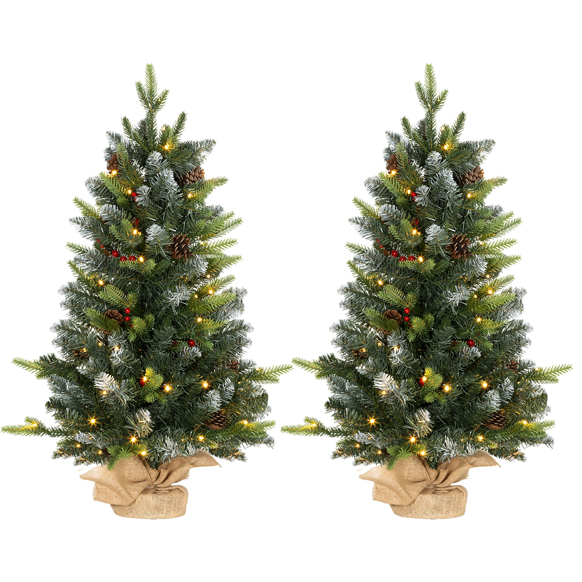 HOMCOM 2 Pieces 3ft Prelit Artificial Christmas Tree with LED Light and 291 Tips, Concrete Base, Tabletop Xmas Tree with Pine Cones and Red Berries, Green