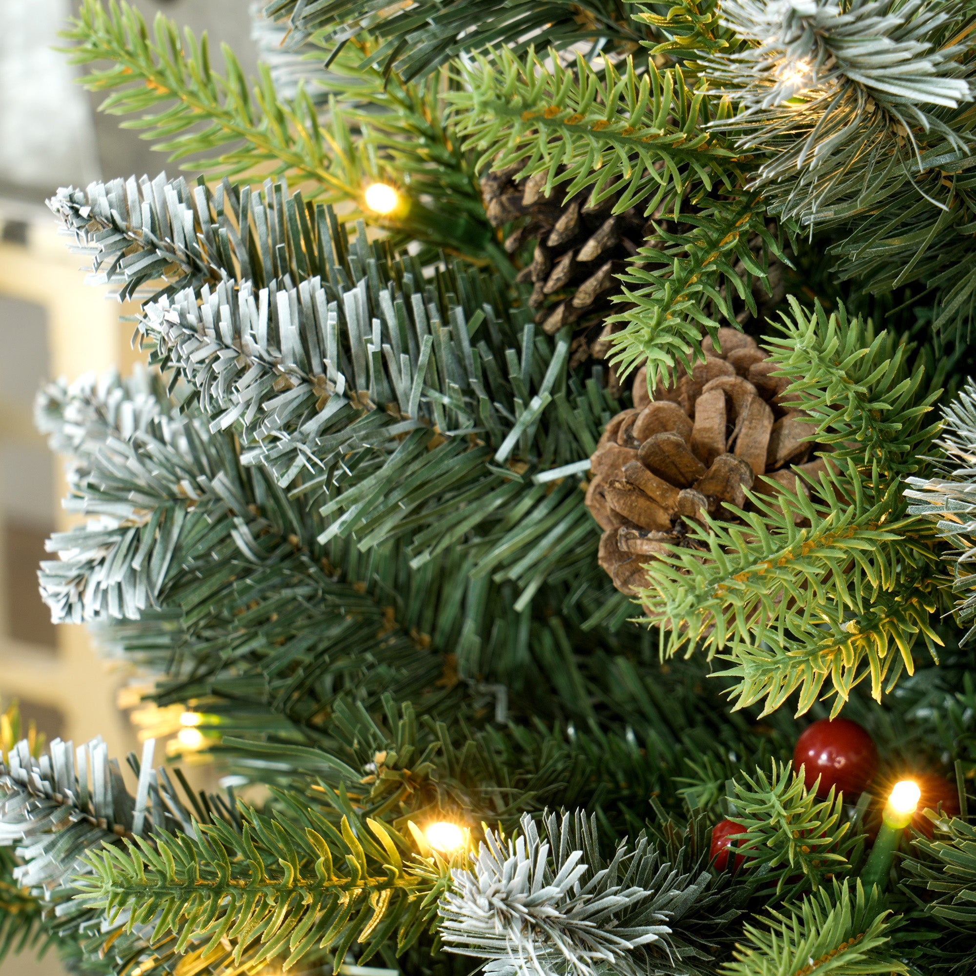 HOMCOM 2 Pieces 3ft Prelit Artificial Christmas Tree with LED Light and 291 Tips, Concrete Base, Tabletop Xmas Tree with Pine Cones and Red Berries, Green