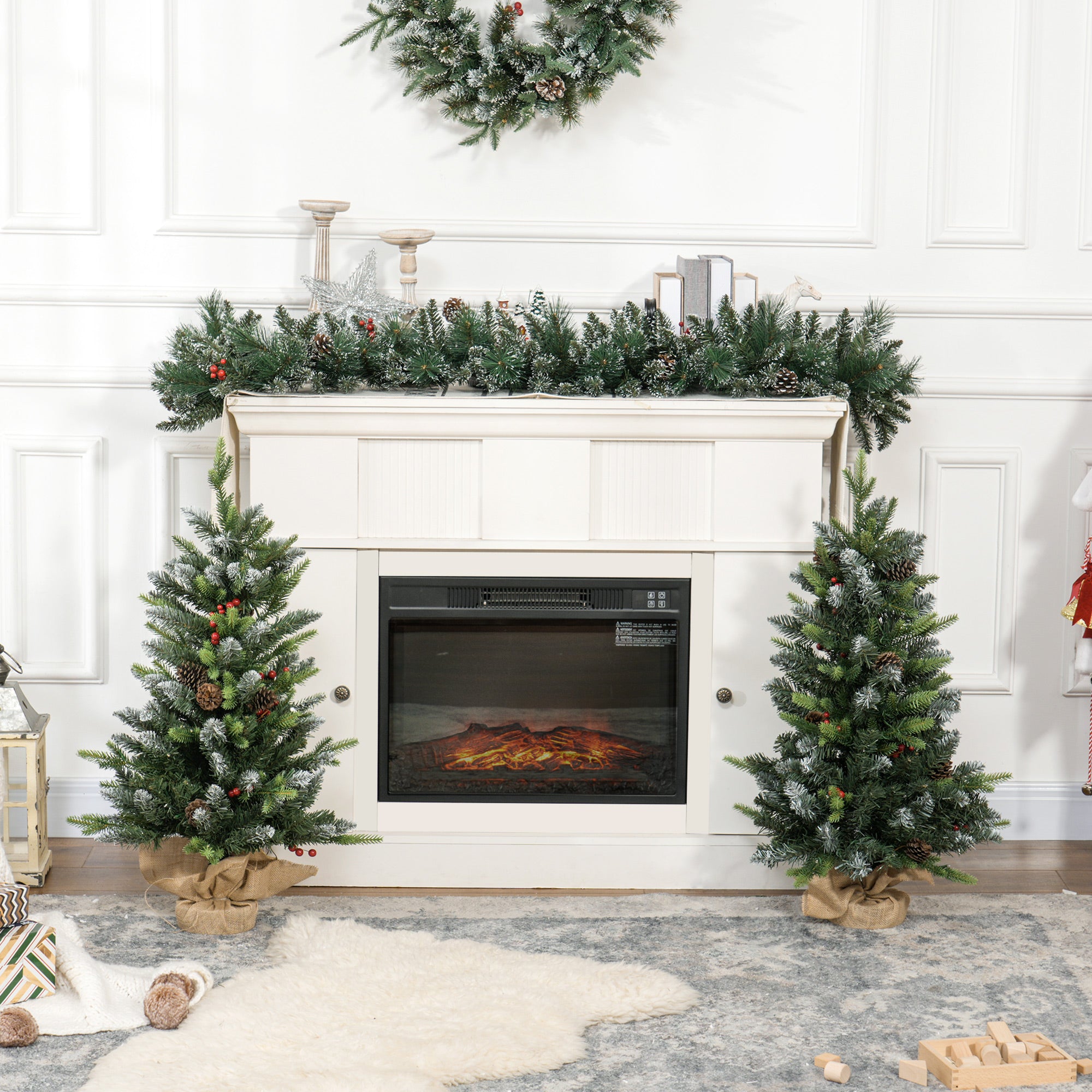 HOMCOM 2 Pieces 3ft Prelit Artificial Christmas Tree with LED Light and 291 Tips, Concrete Base, Tabletop Xmas Tree with Pine Cones and Red Berries, Green