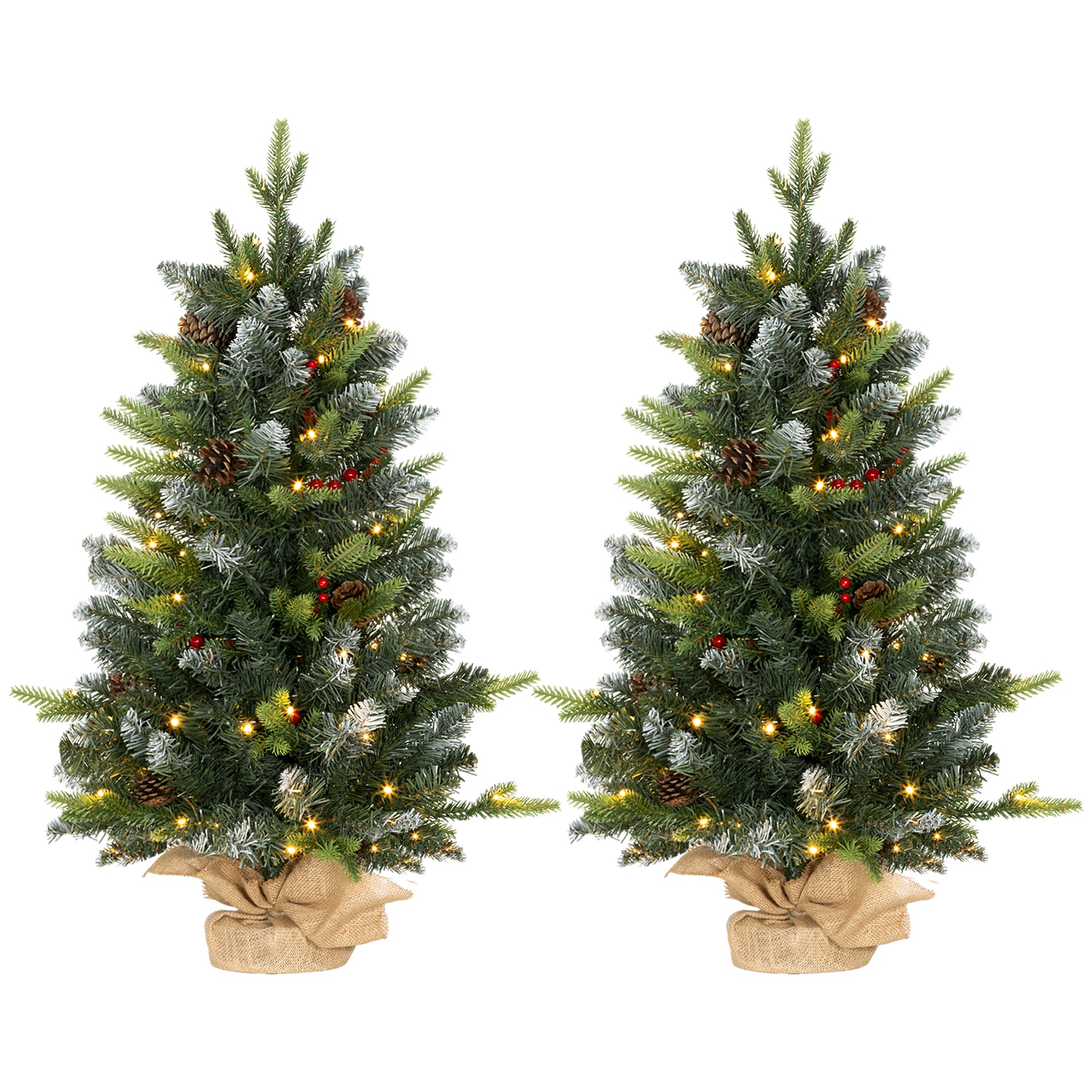 HOMCOM 2 Pieces 3ft Prelit Artificial Christmas Tree with LED Light and 291 Tips, Concrete Base, Tabletop Xmas Tree with Pine Cones and Red Berries, Green