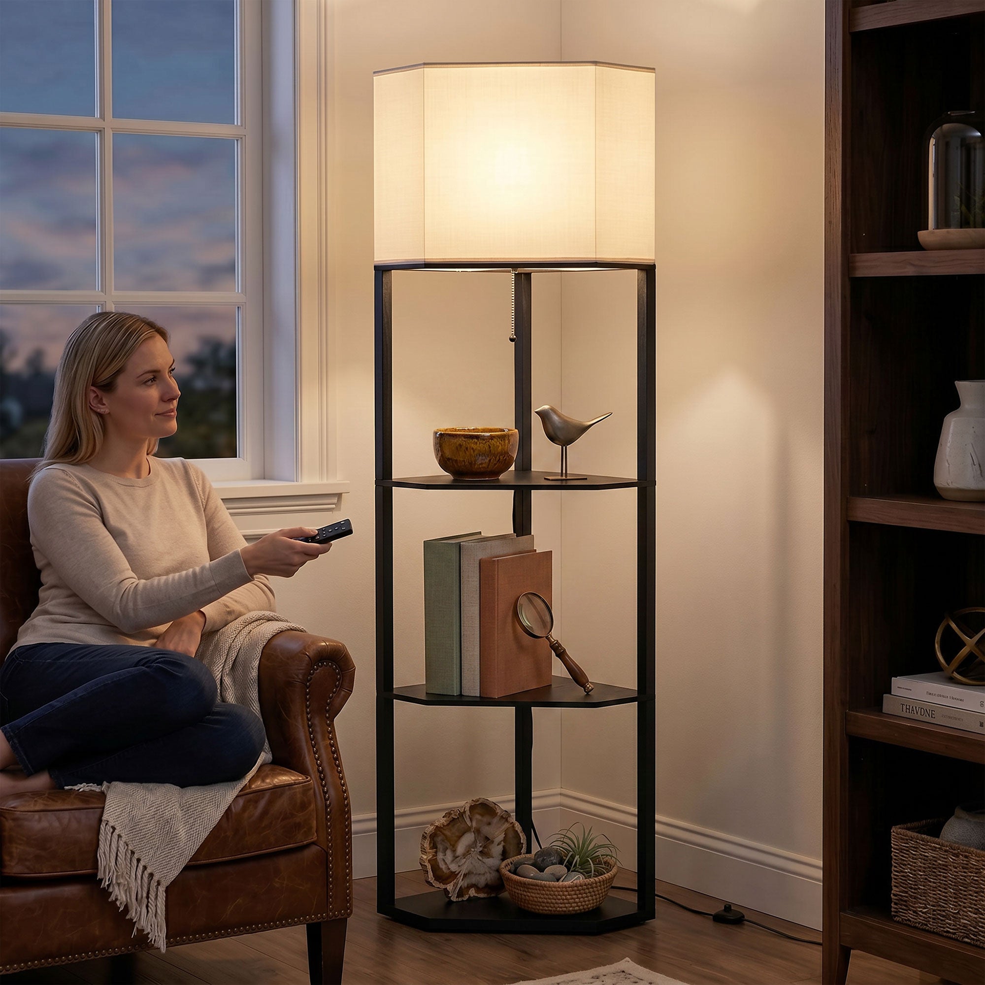 Corner Floor Lamp with Shelves and Lights, Modern Dimmable Standing Lamp with 3000K/4000K/6000K Colour Temperature, Chain Switch & Remote Control for Living Room, Bedroom, Black