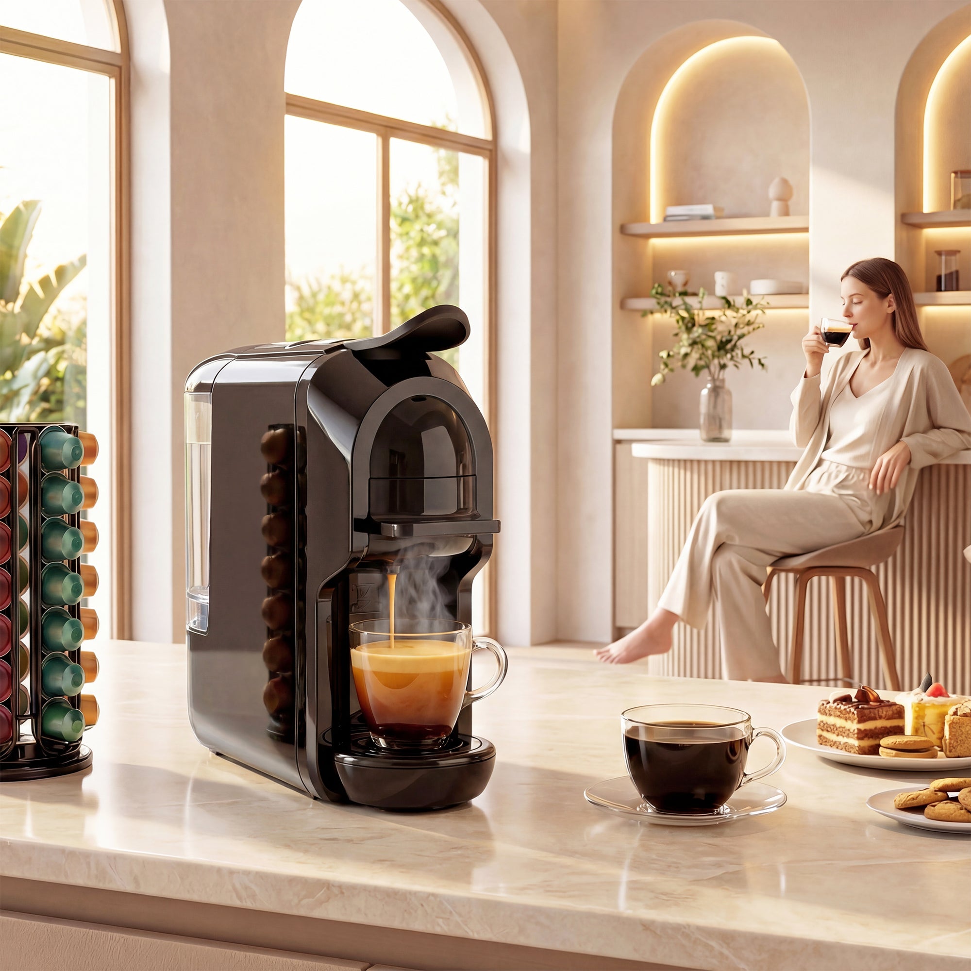 Pod Coffee Machine for Nespresso Original, Dolce Gusto Capsule and Ground Coffee, Small Semi Automatic Coffee Maker with 19 Bar Pump and 0.6L Water Tank for Home Office, Black