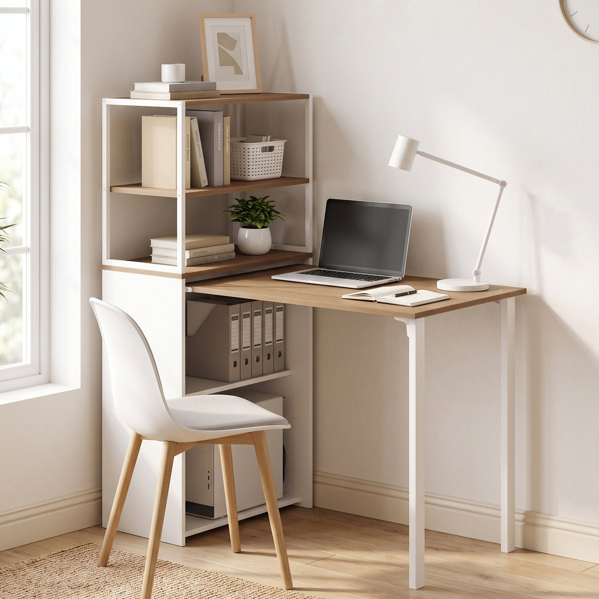 Folding Computer Desk with 4-Tier Bookshelf, 41" Space-Saving Home Office Desk, 2-in-1 Compact Industrial Office Table for Small Spaces, Home Office, Natural