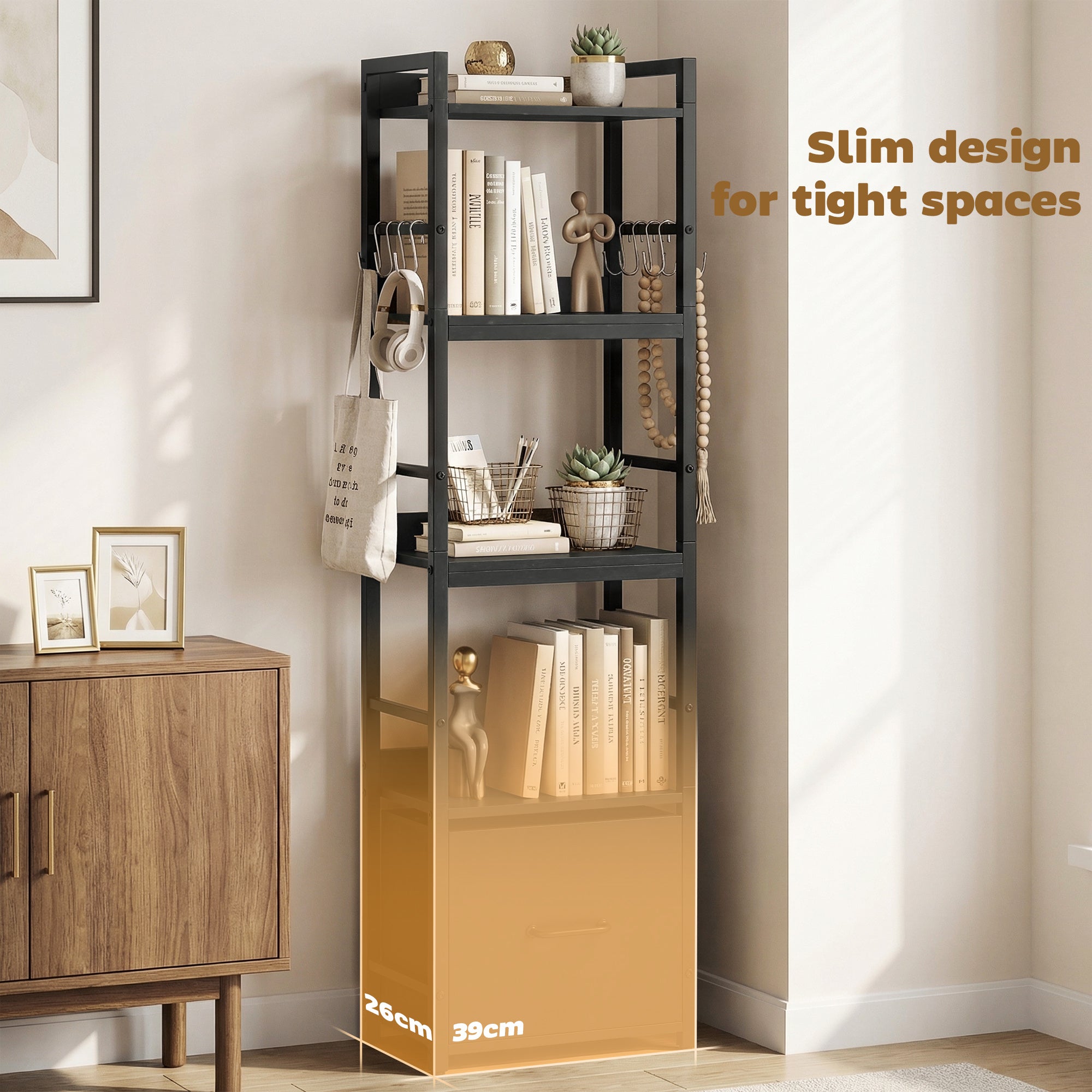 4-Tier Bookshelf, Narrow Bookcase with Drawer, 8 Hooks, Metal Frame, Shelving Unit for Living Room, Bedroom, Home Office, 39 x 26 x 136.5 cm, Black