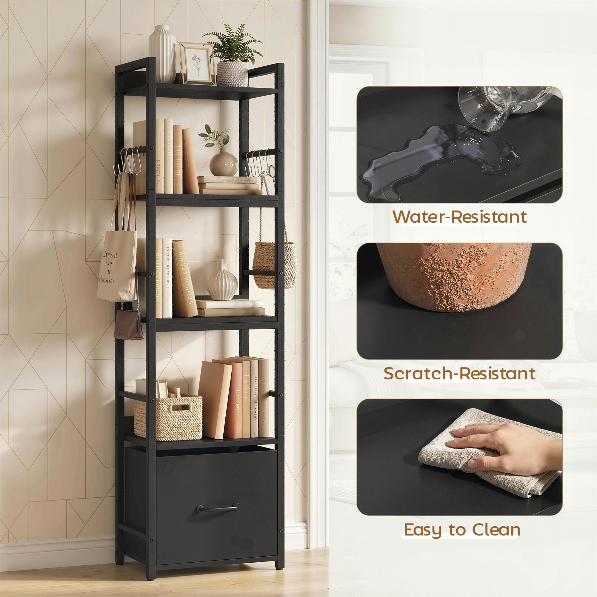 4-Tier Bookshelf, Narrow Bookcase with Drawer, 8 Hooks, Metal Frame, Shelving Unit for Living Room, Bedroom, Home Office, 39 x 26 x 136.5 cm, Black
