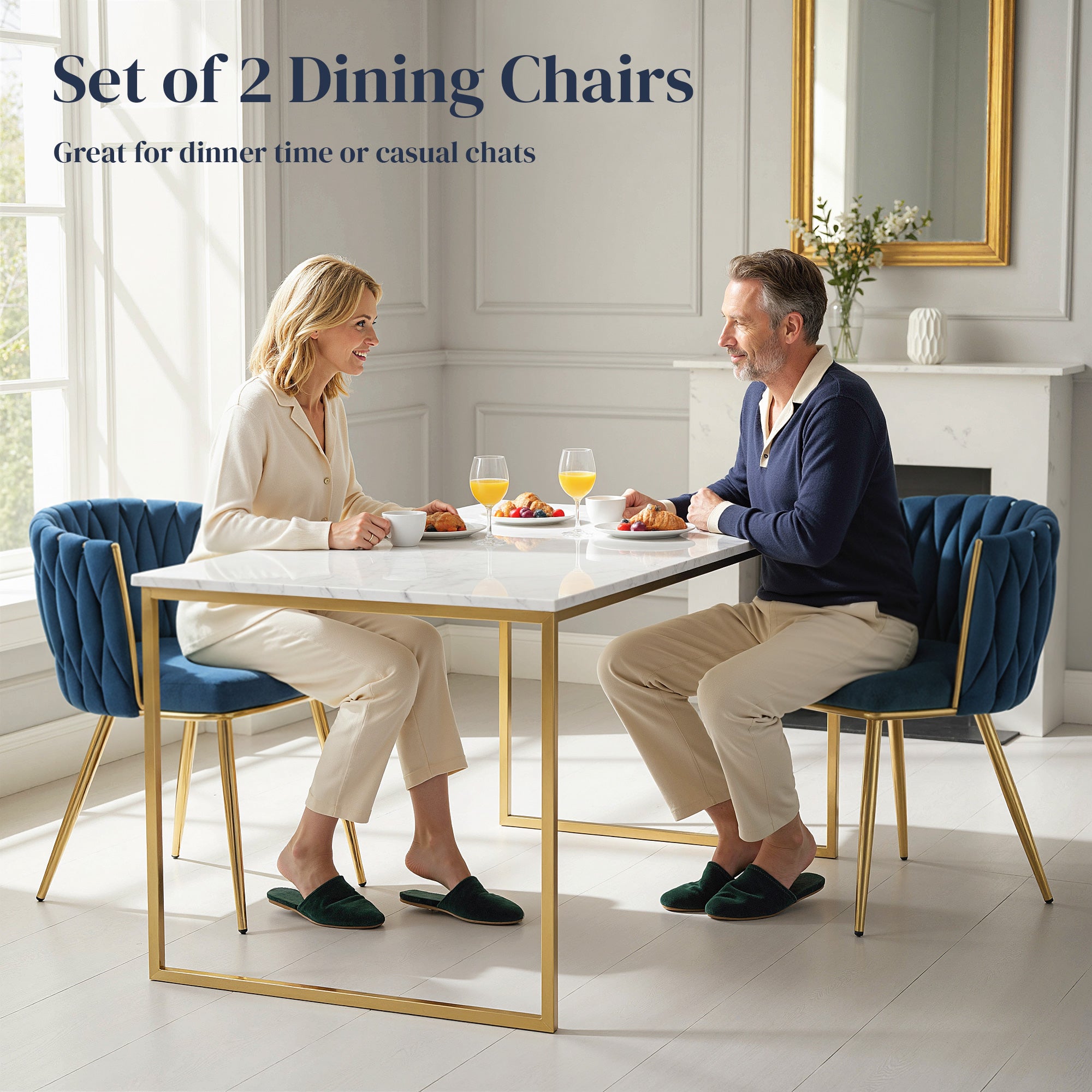 Velvet-Feel Dining Chairs Set of 2, Modern Upholstered Kitchen Chairs with Woven Backrest and Armrests, Metal Legs and Padded Seat for Dining Room, Bedroom, Living Room, Dark Blue