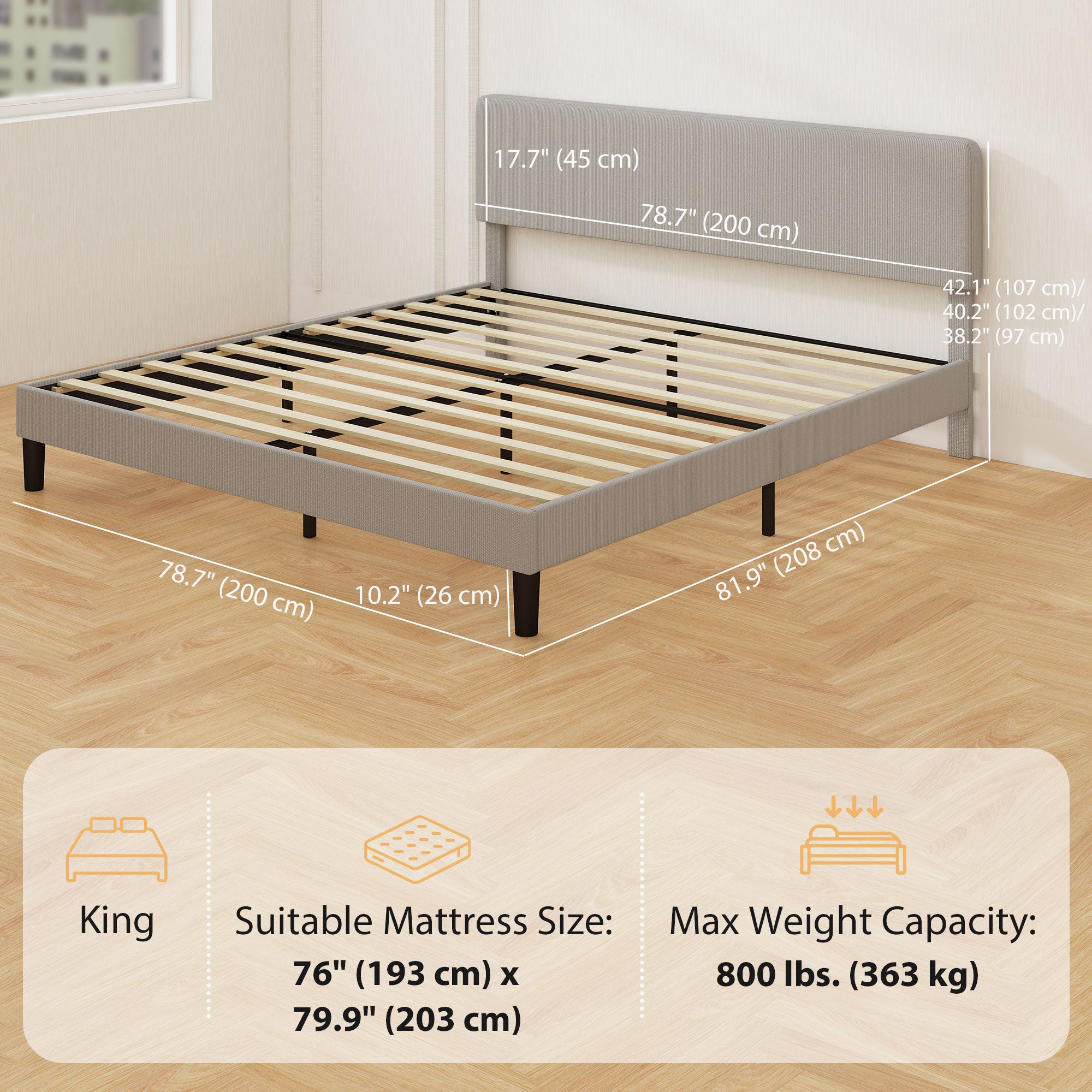 King Bed Frame with Adjustable Headboard, Corduroy Upholstered Platform Bed Frame, Wood Slat Support, Noise Free, No Box Spring Needed, Easy Assembly, Light Grey