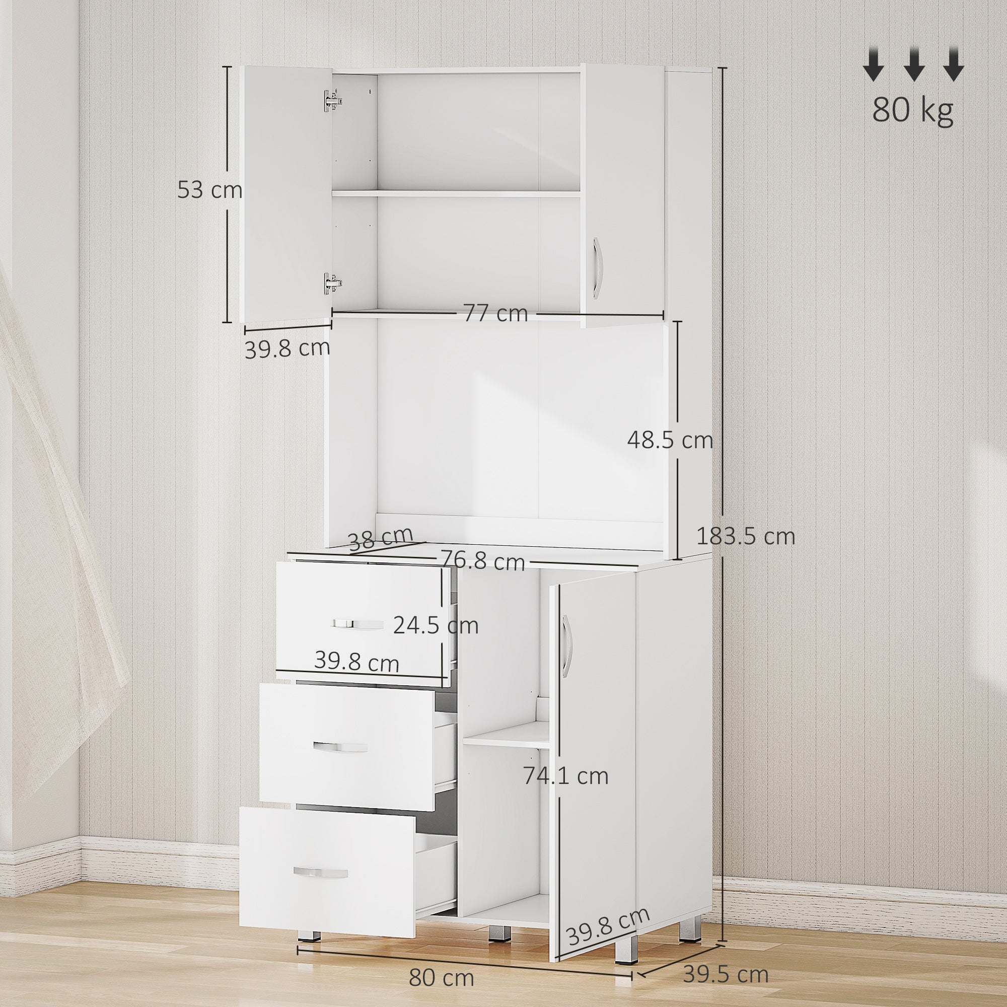 183.5cm Free standing Kitchen Cupboard, Storage Cabinet with Doors and Sheleves, 3 drawers and Open Space, Adjustable Height Storage Unit, White