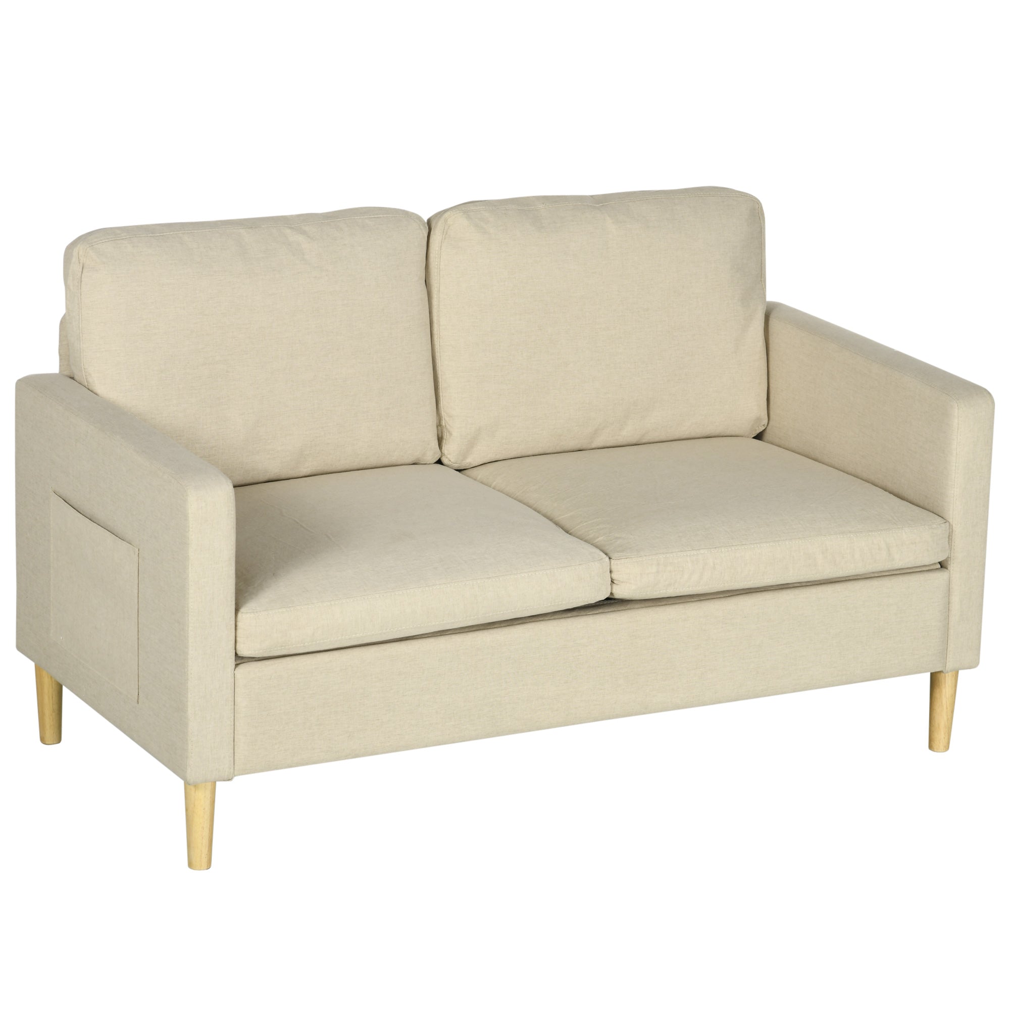 HOMCOM Two Seater Sofa for Living Room, Modern Fabric Couch with Wood Legs and 2 Pockets for Bedroom and Home Office, Beige