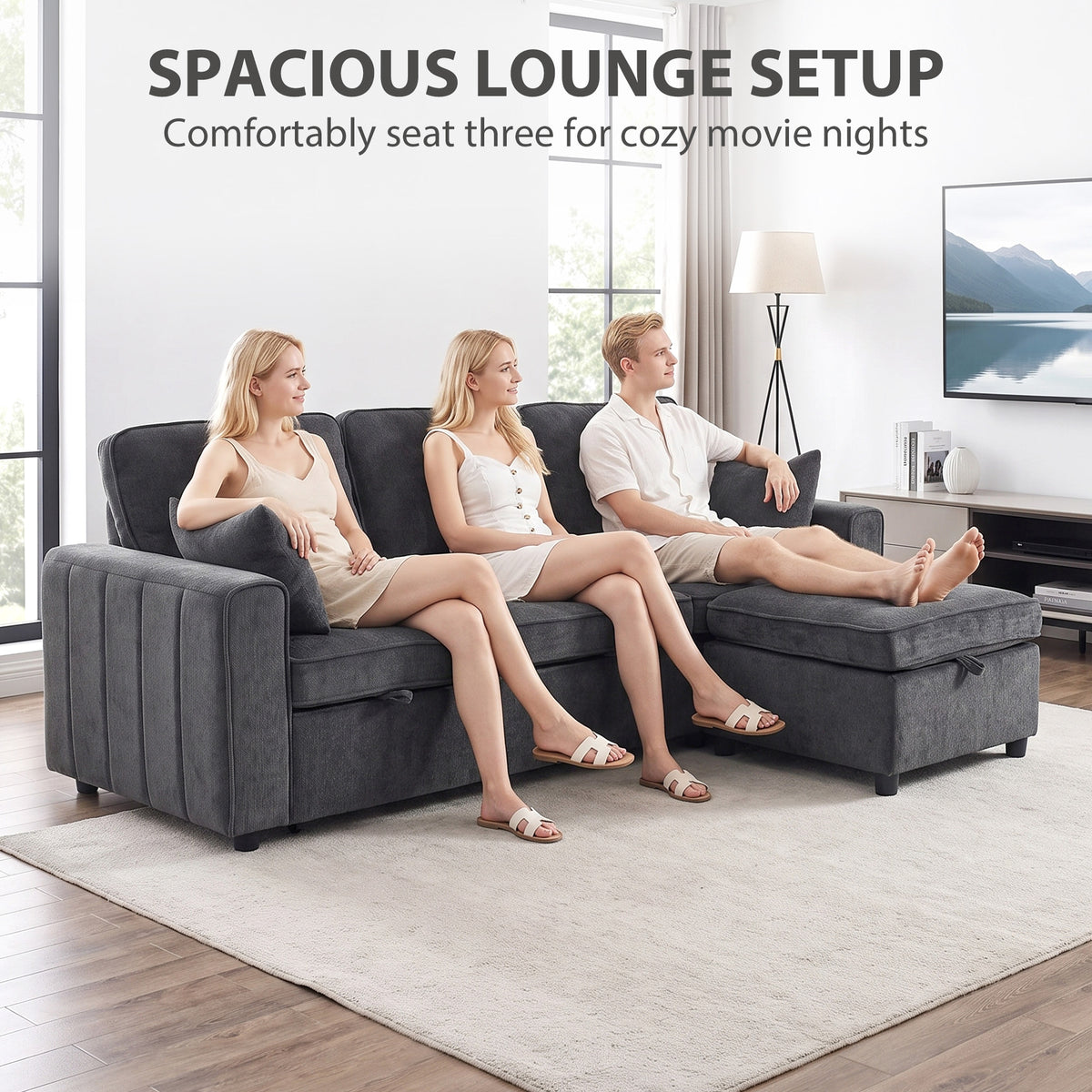 Modular Sectional Sofa Bed with Reversible Storage Ottoman, Chenille Pull Out Sleeper Sofa with Spring Cushion, Wide and Deep Seat, 3 Seater Couch for Living Room, Dark Grey