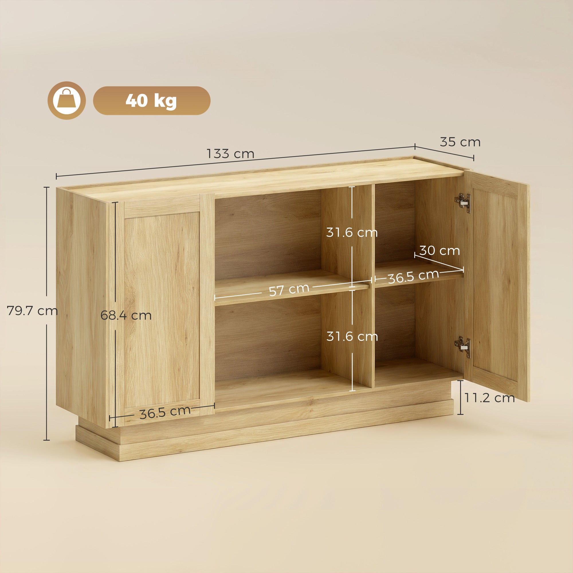 Sideboard Buffet Cabinet, 133 cm Modern Farmhouse Storage Cabinet with 2 Open Shelves, 2 Cupboards and Soft Close Doors for Dining Room, Living Room, Natural Wood Finish