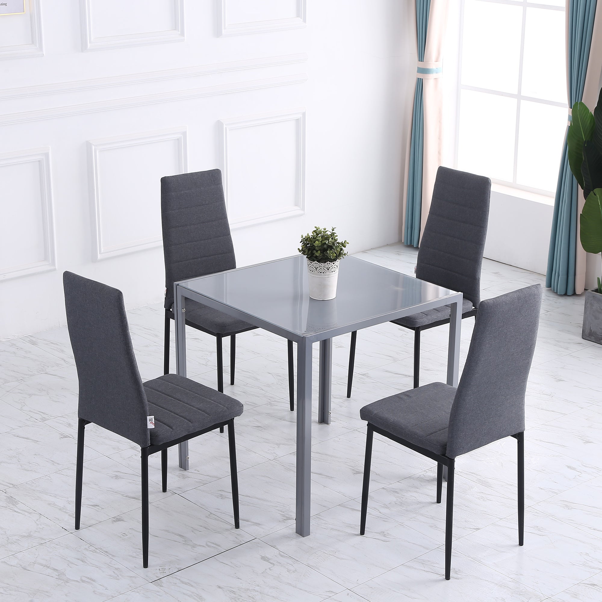 High Back Dining Chairs Modern Upholstered Linen-Touch Fabric Accent Chairs with Metal Legs for Kitchen, Set of 4, Grey