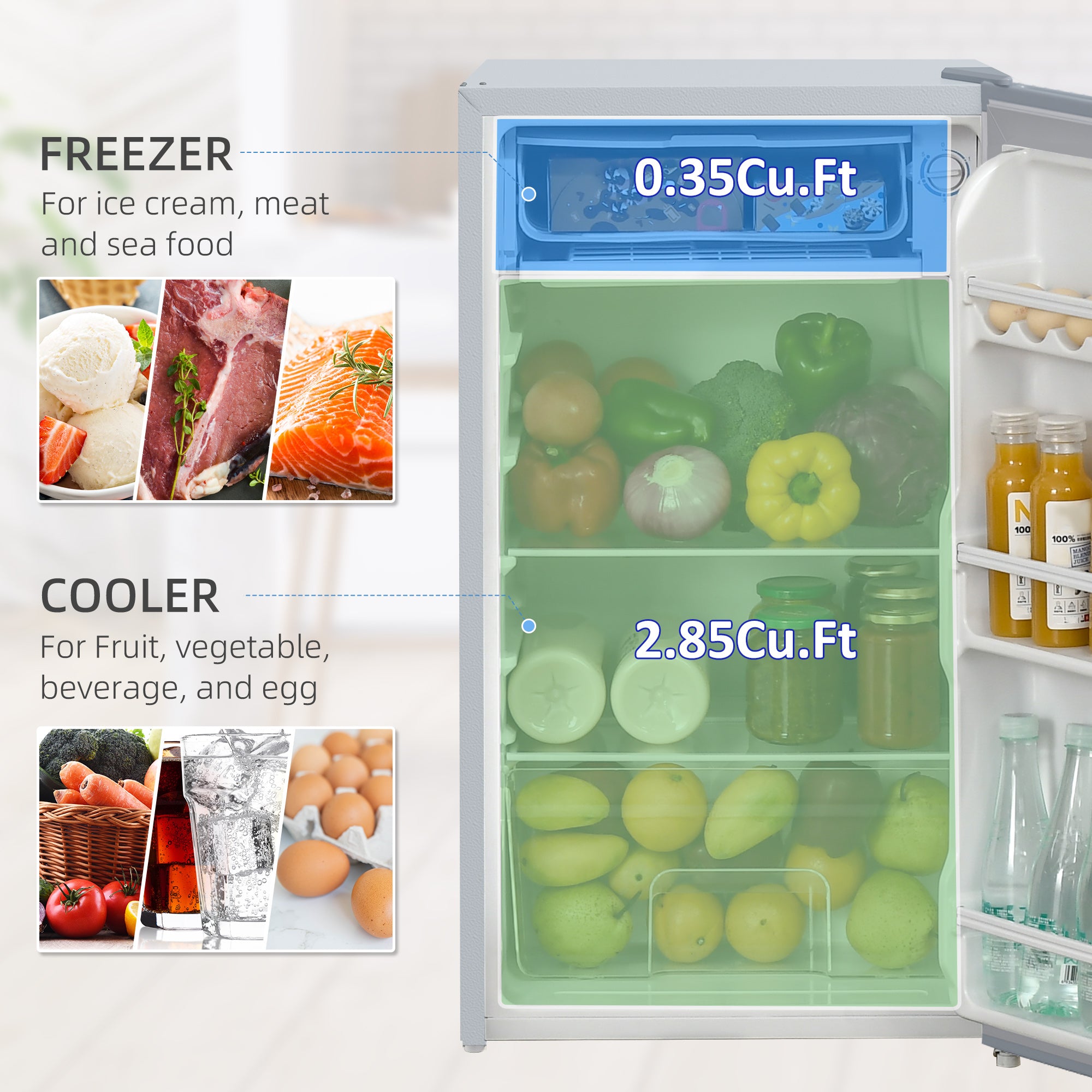 HOMCOM 91 Litre Freestanding Under Counter Fridge Freezer with Chiller Box, Reversible Door, Adjustable Thermostat, 47.5cm Wide, Grey