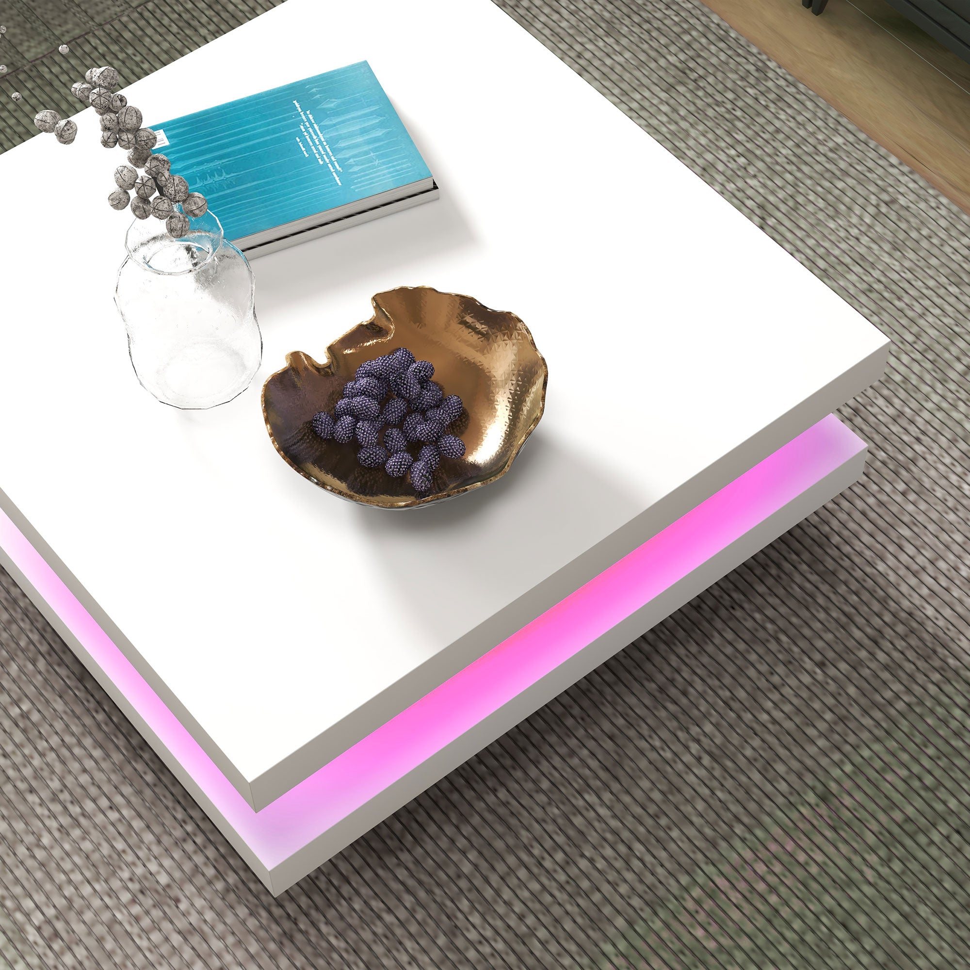 HOMCOM LED Coffee Table, 2-Tier Modern Square Center Table with 7 LED Lights and Remote Control for Living Room, White