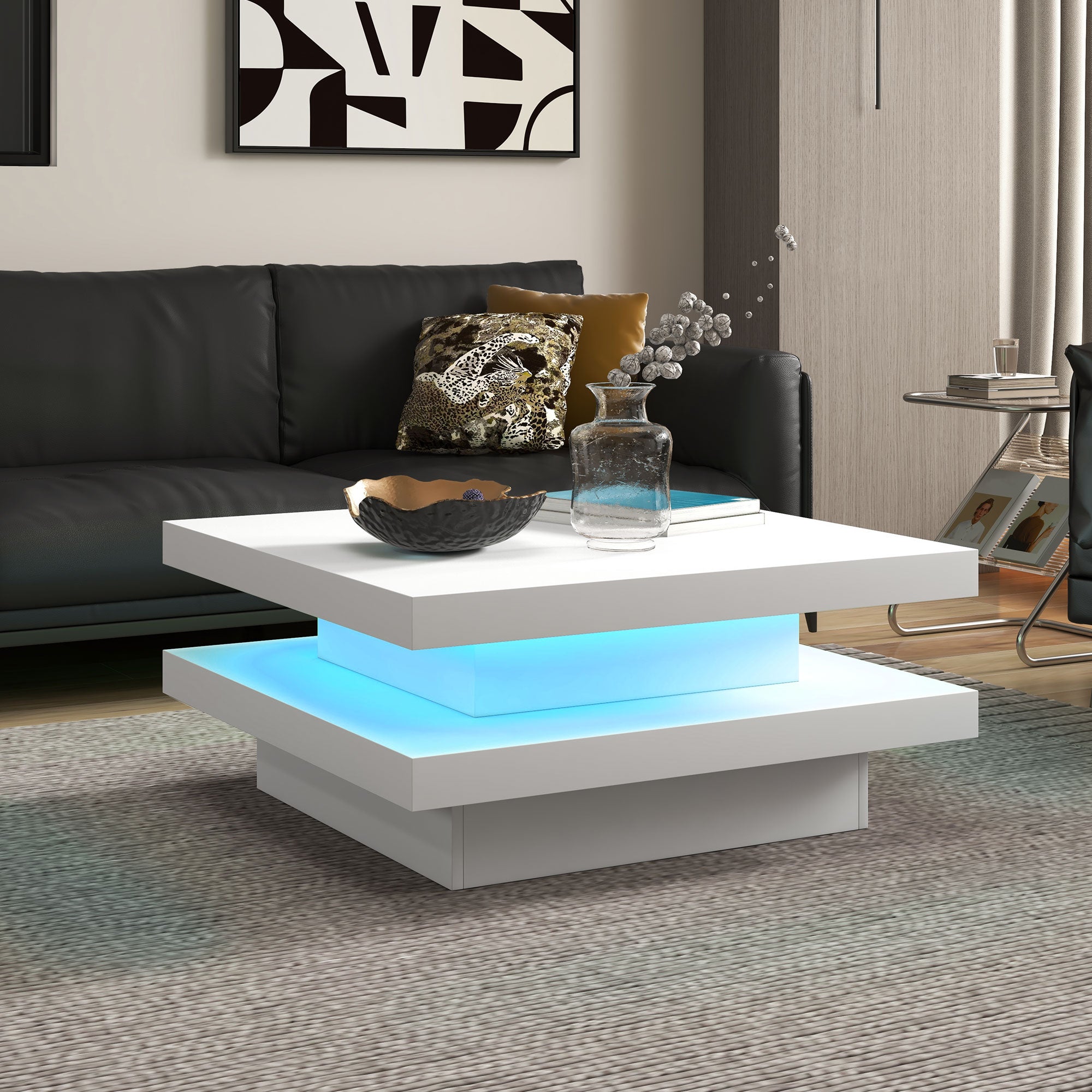 HOMCOM LED Coffee Table, 2-Tier Modern Square Center Table with 7 LED Lights and Remote Control for Living Room, White