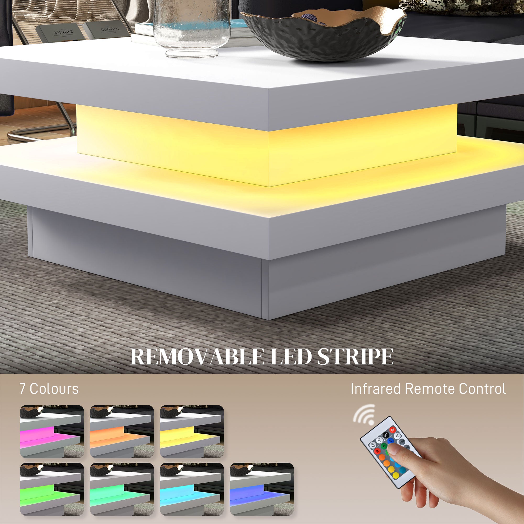 HOMCOM LED Coffee Table, 2-Tier Modern Square Center Table with 7 LED Lights and Remote Control for Living Room, White