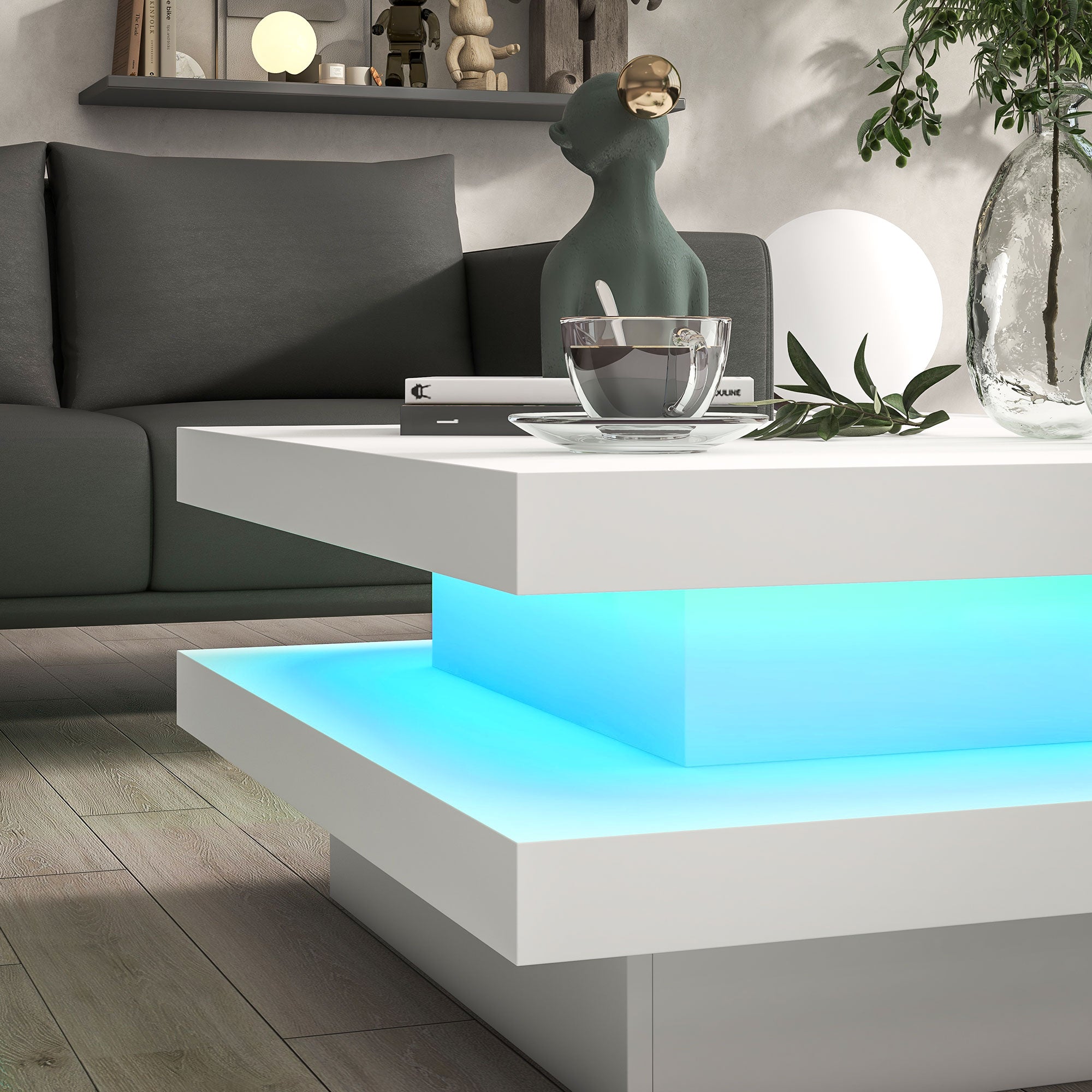 HOMCOM LED Coffee Table, 2-Tier Modern Square Center Table with 7 LED Lights and Remote Control for Living Room, White