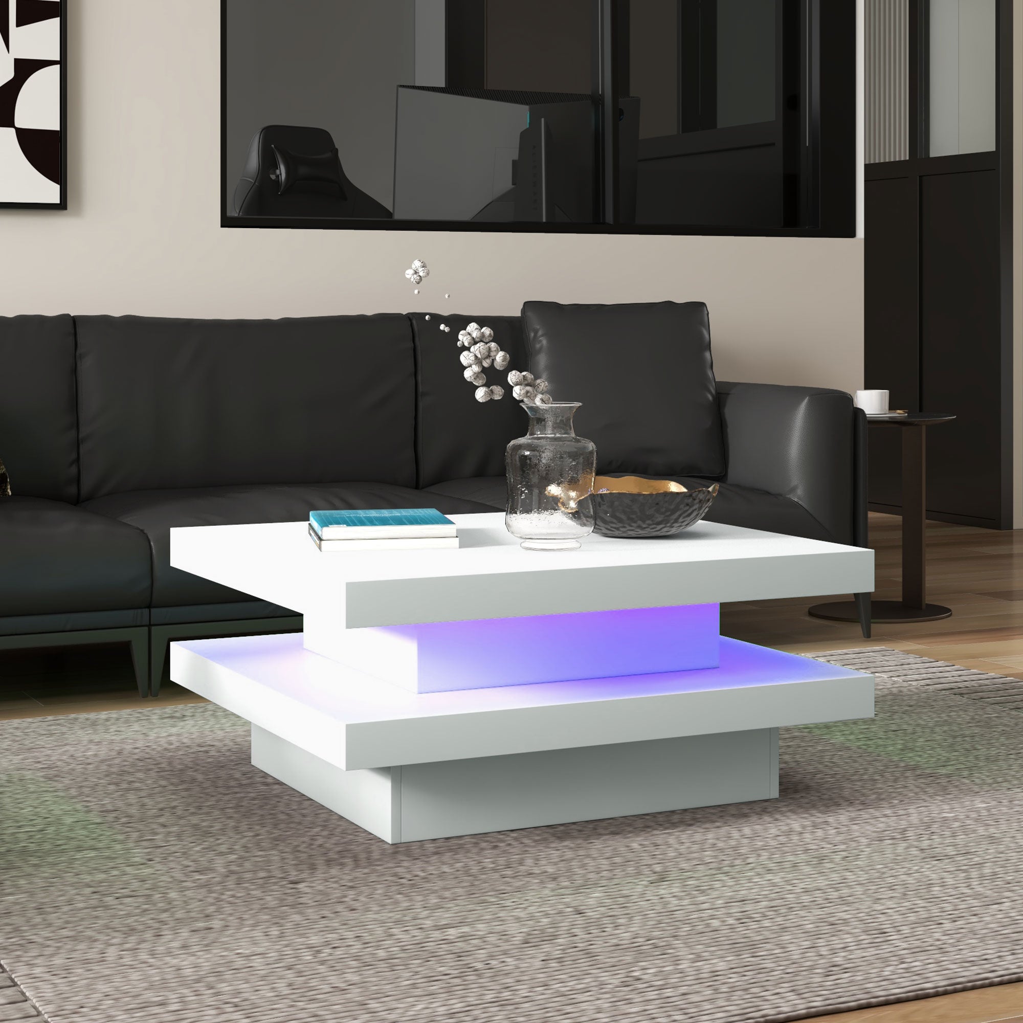 HOMCOM LED Coffee Table, 2-Tier Modern Square Center Table with 7 LED Lights and Remote Control for Living Room, White