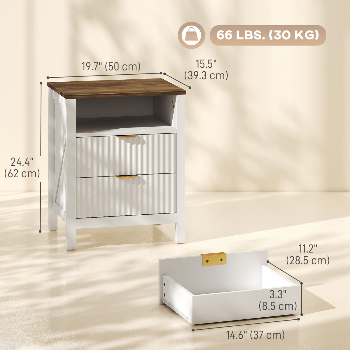 Modern Nightstand with 2 Fluted Drawers, Bedside Table with Open Storage Shelf, Anti-tipping Design, Side End Table for Bedroom Living Room Study, White and Walnut