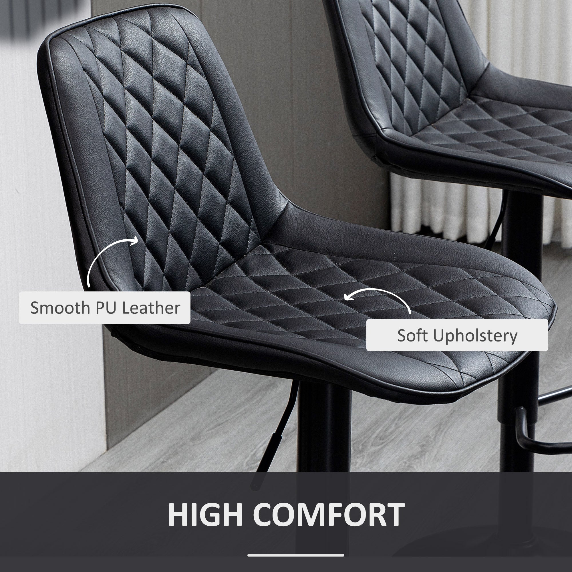 Bar Stools Set of 2, Modern Swivel Counter Height Barstools with Back, Footrest, Adjustable Height, PU Leather Bar Chairs for Kitchen Island, Dining Room, Black