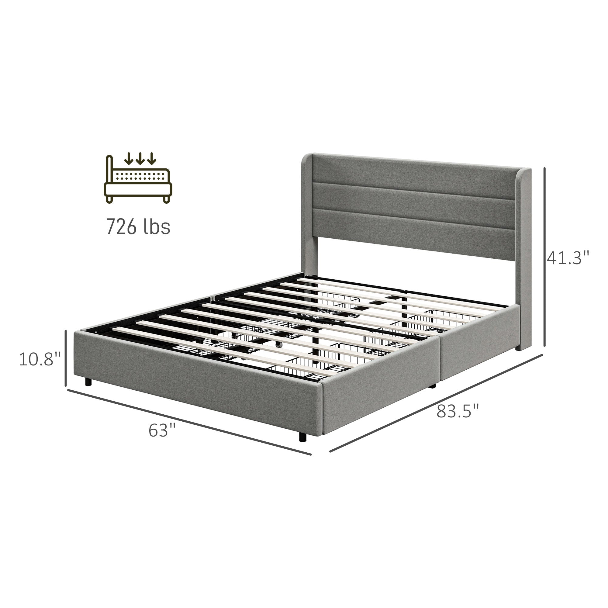 Queen Bed Frame with Storage Drawers Headboard Wood Slats Noise Free Light Gray - HOMCOM