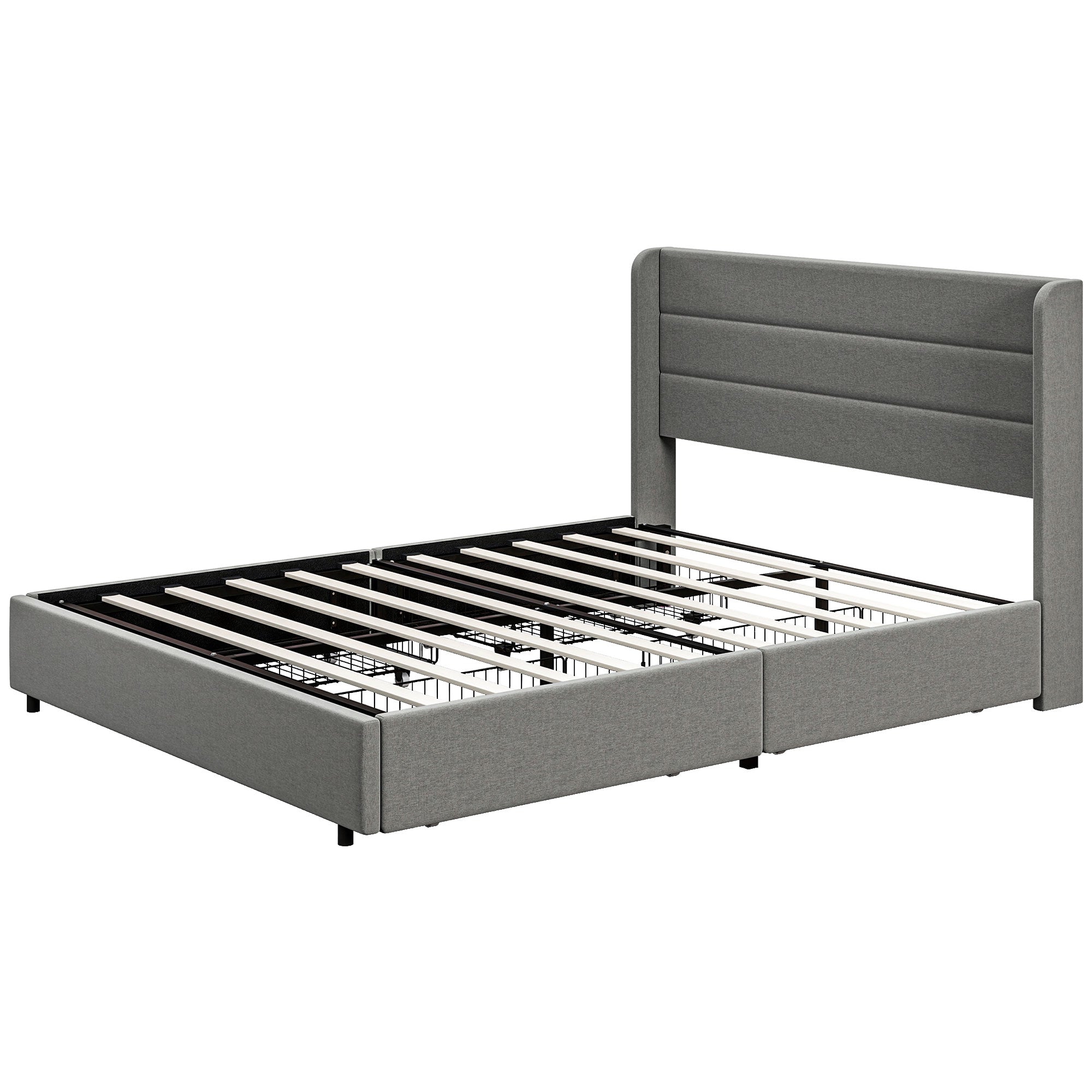 Queen Bed Frame with Storage Drawers Headboard Wood Slats Noise Free Light Gray - HOMCOM