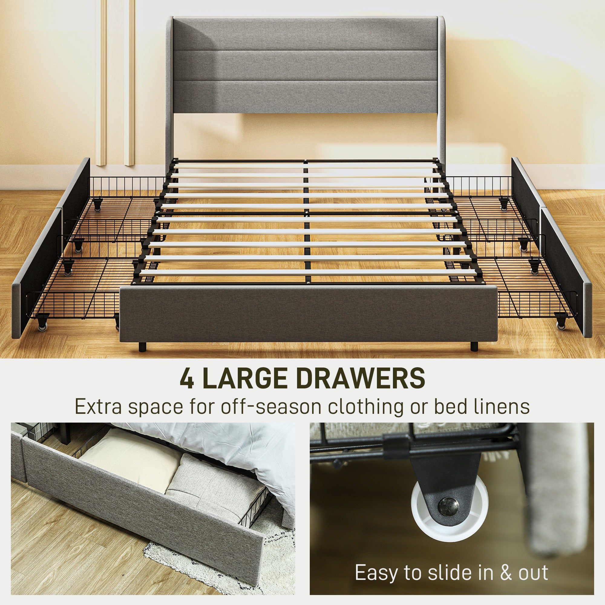 Queen Bed Frame with Storage Drawers Headboard Wood Slats Noise Free Light Gray - HOMCOM