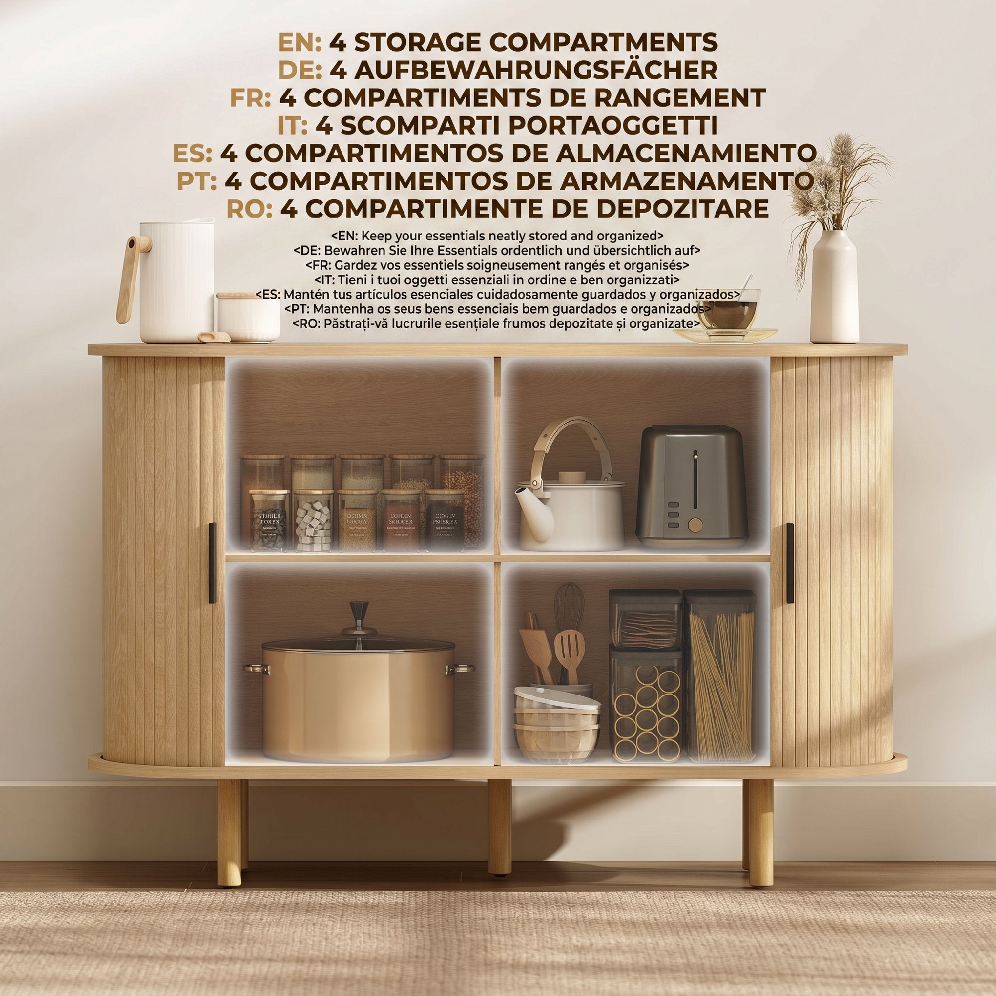 Fluted Sideboard Buffet Cabinet with Tambour Sliding Doors, 47" Modern Coffee Bar Cabinet with Storage Shelves and Wooden Legs, Kitchen Credenza, Oak