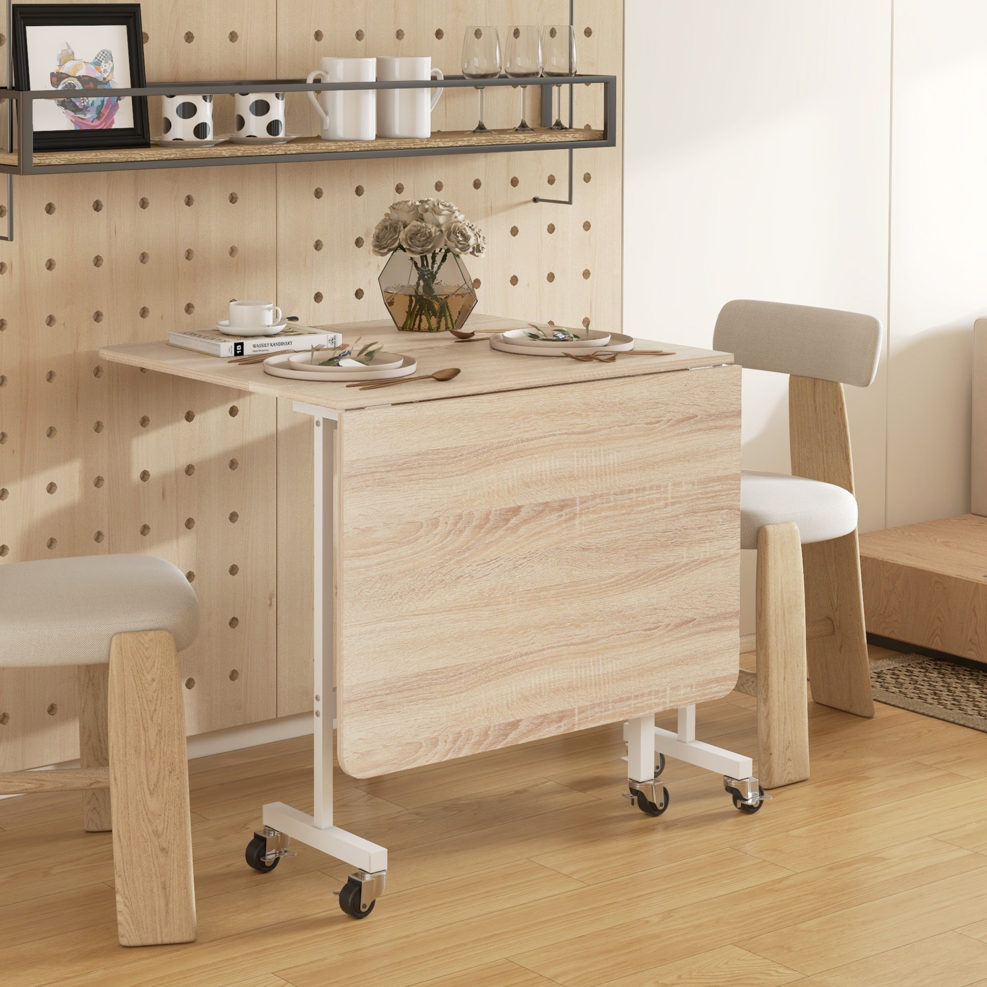 HOMCOM Mobile Drop Leaf Table, Folding Dining Table with 6 Wheels & Brakes, Kitchen Table for Small Spaces, Oak