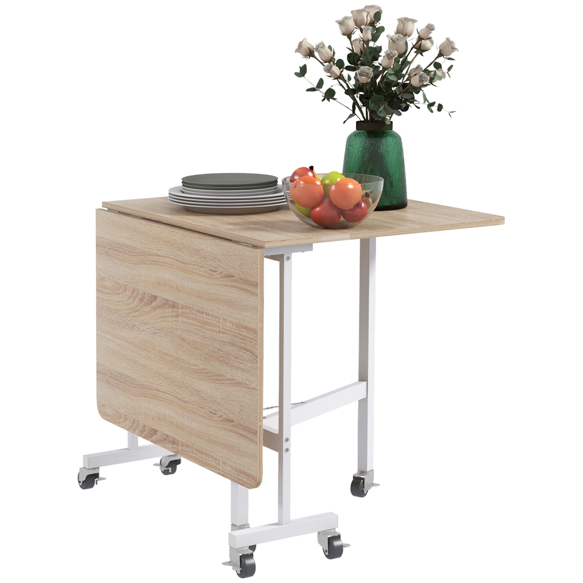 HOMCOM Mobile Drop Leaf Table, Folding Dining Table with 6 Wheels & Brakes, Kitchen Table for Small Spaces, Oak