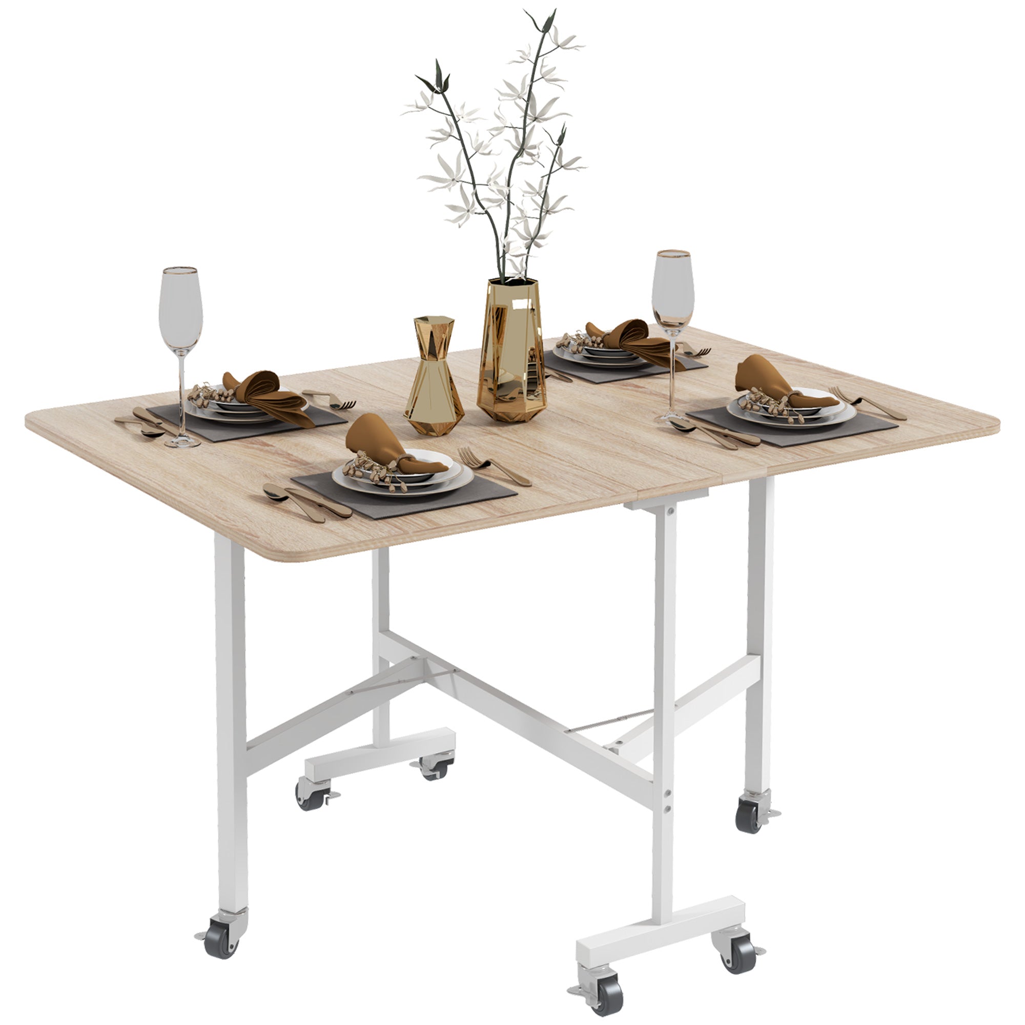 HOMCOM Mobile Drop Leaf Table, Folding Dining Table with 6 Wheels & Brakes, Kitchen Table for Small Spaces, Oak