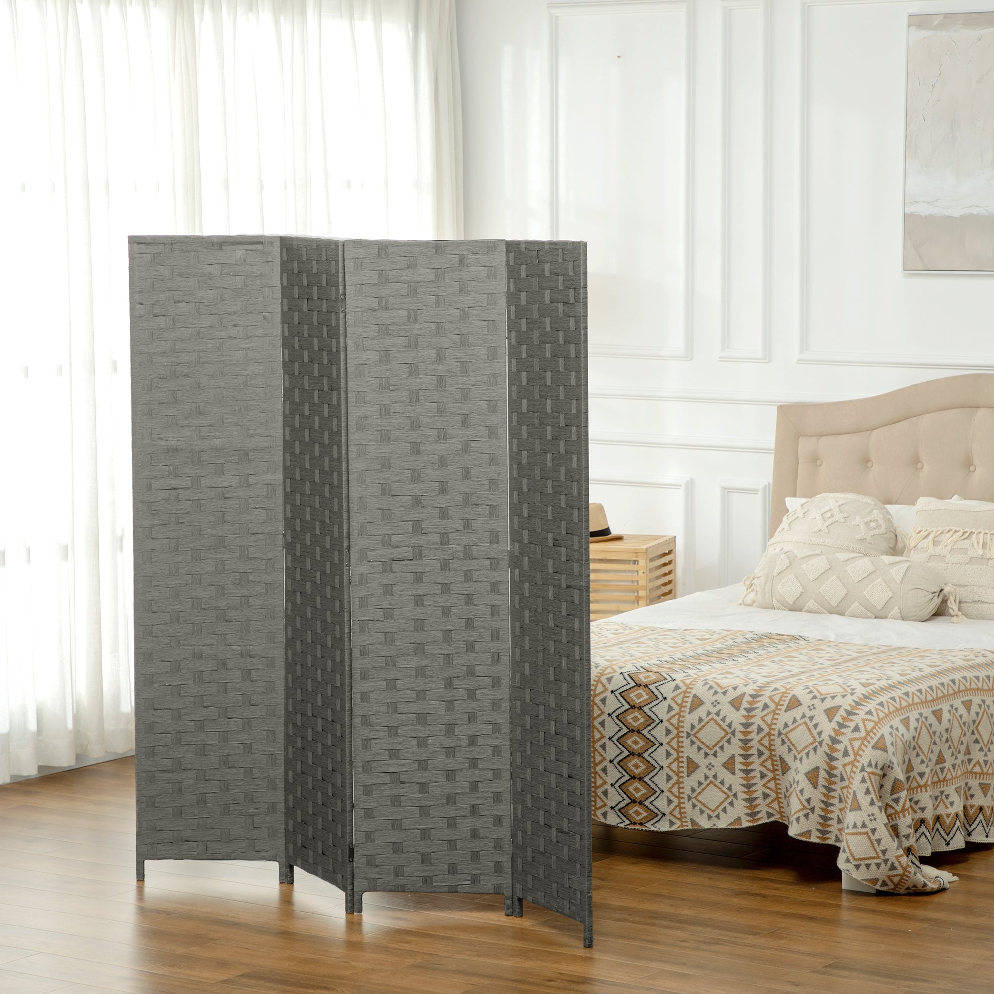 HOMCOM 4-Panel Room Dividers, Wave Fibre Freestanding Folding Privacy Screen Panels, Partition Wall Divider for Indoor Bedroom Office, 170 cm, Grey