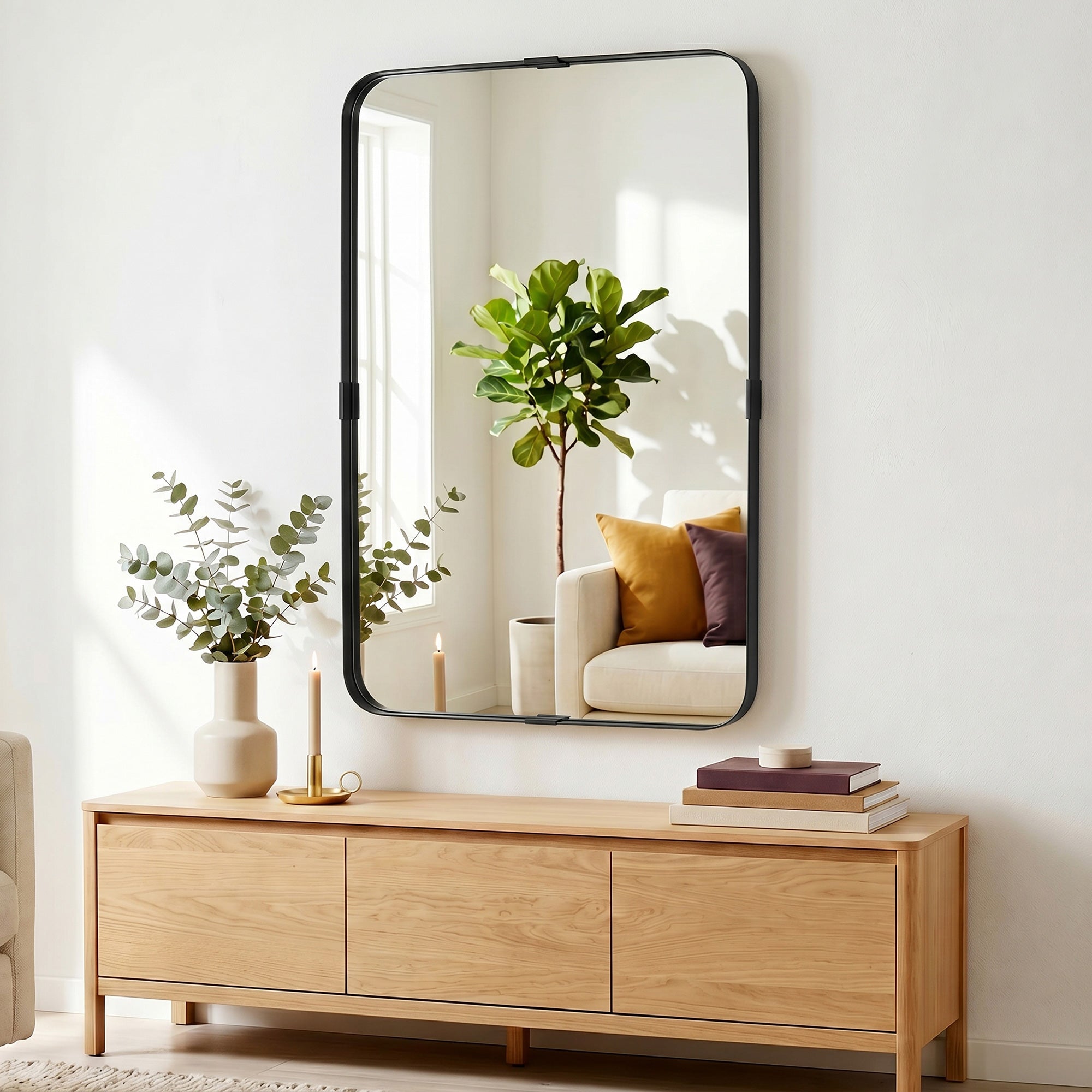Rectangular Wall Mirror, 90 x 60 cm Wall Mounted Bathroom Mirror with Aluminium Alloy Frame and Tempered Glass for Hallway, Living Room, Bedroom, Black