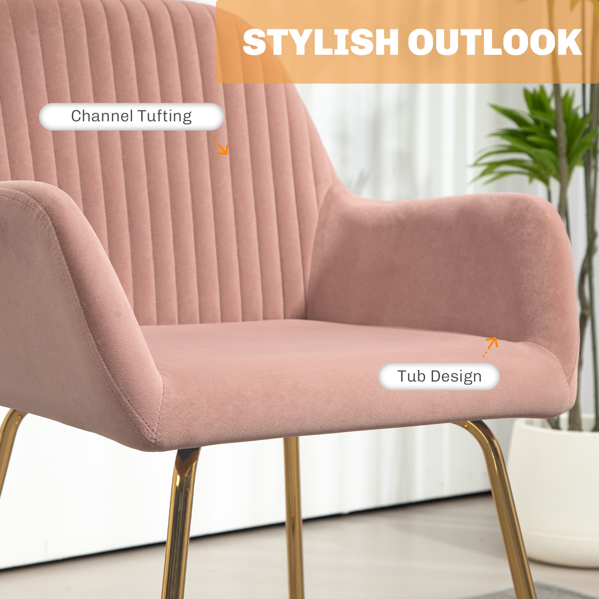 HOMCOM Modern Accent Chair, Velvet-Touch Fabric Upholstered Armchair with Metal Base for Living Room, Bedroom and Dinning Room, Pink