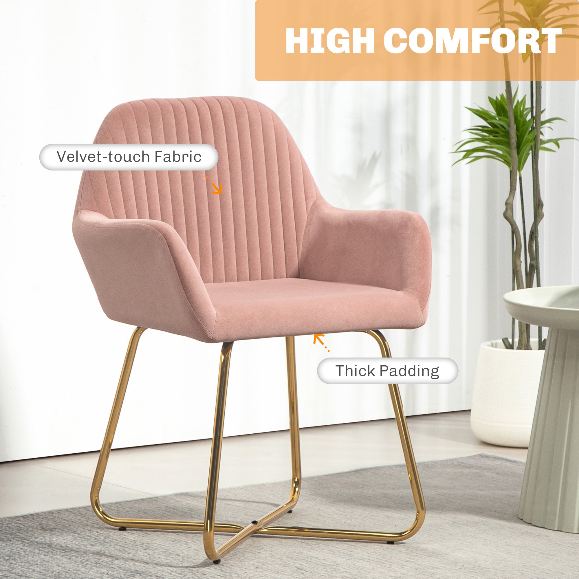 HOMCOM Modern Accent Chair, Velvet-Touch Fabric Upholstered Armchair with Metal Base for Living Room, Bedroom and Dinning Room, Pink