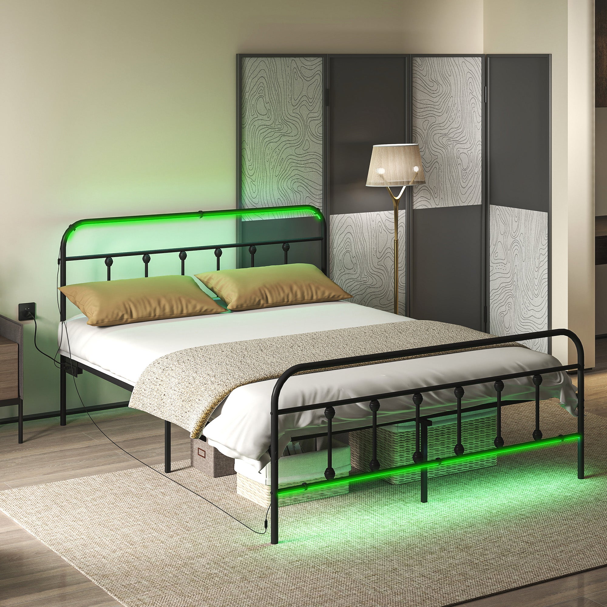 Queen Bed Frame with LED Lights and Charging Station, Metal Platform Bed Frame with Under Bed Storage, Steel Slats, No Box Spring Needed, Noise Free, Easy Assembly, Black