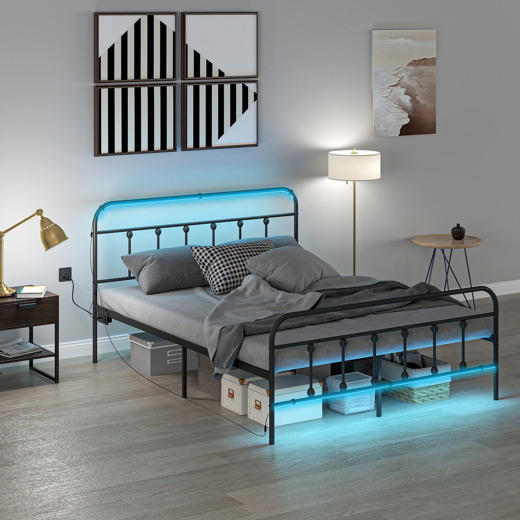 Queen Bed Frame with LED Lights and Charging Station, Metal Platform Bed Frame with Under Bed Storage, Steel Slats, No Box Spring Needed, Noise Free, Easy Assembly, Black