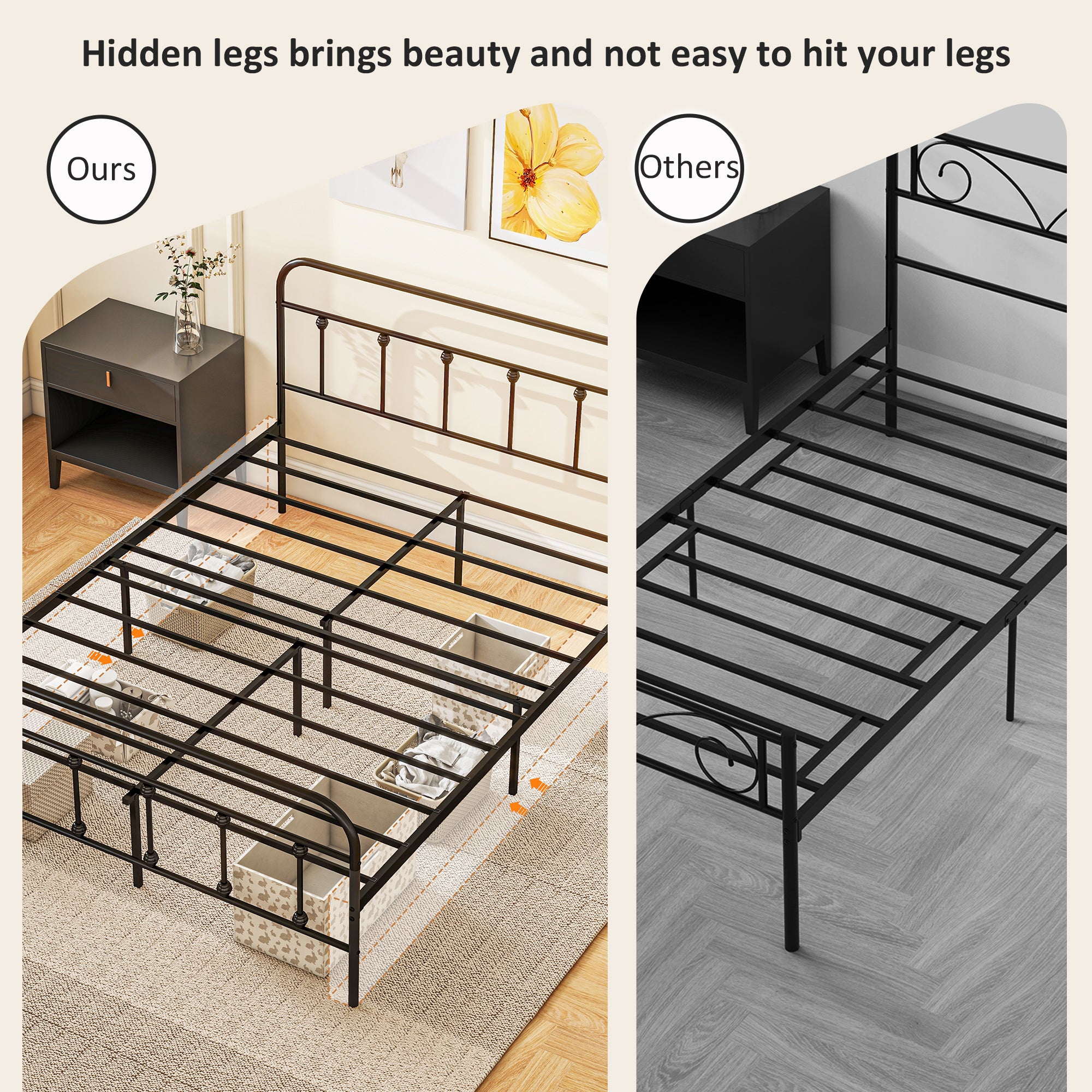 Queen Bed Frame with LED Lights and Charging Station, Metal Platform Bed Frame with Under Bed Storage, Steel Slats, No Box Spring Needed, Noise Free, Easy Assembly, Black