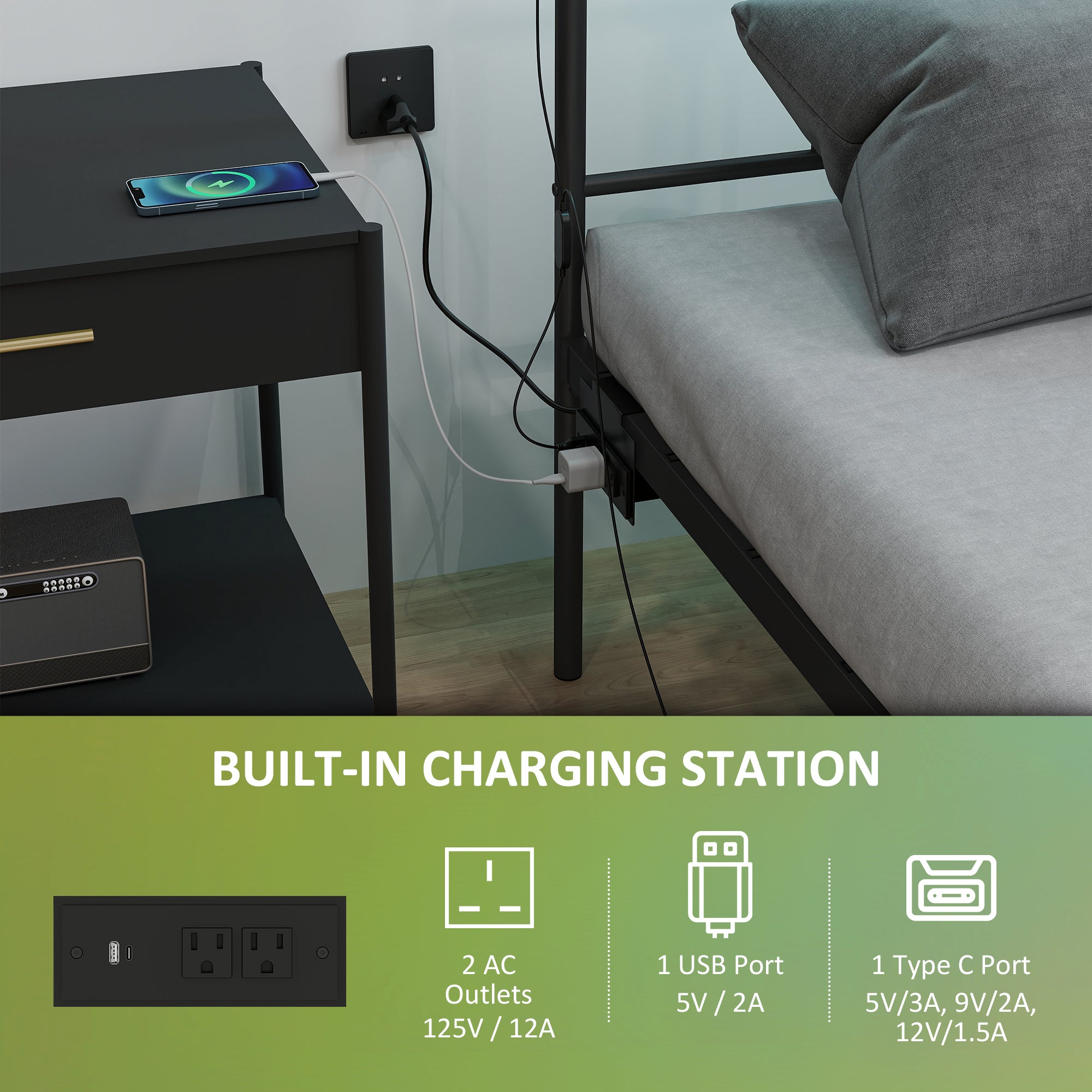 Queen Bed Frame with LED Lights and Charging Station, Metal Platform Bed Frame with Under Bed Storage, Steel Slats, No Box Spring Needed, Noise Free, Easy Assembly, Black