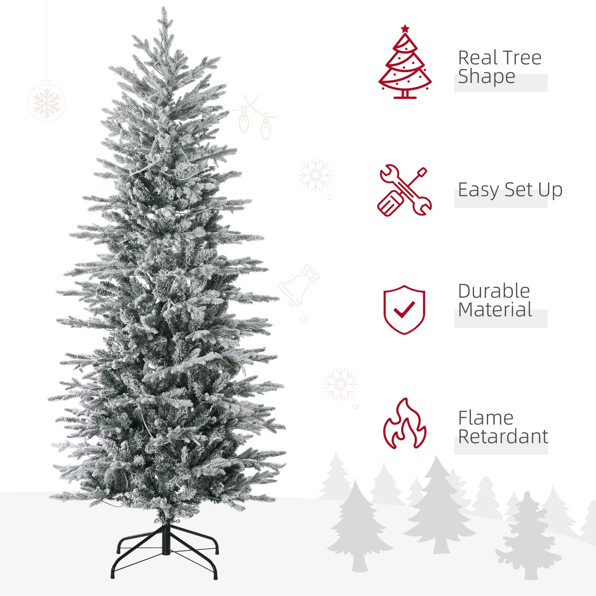 6ft Tall Prelit Artificial Christmas Tree Holiday Décor with 636 Snow Flocked Branches, 250 Warm Yellow Clear Lights, Auto Open, Extra Bulb
