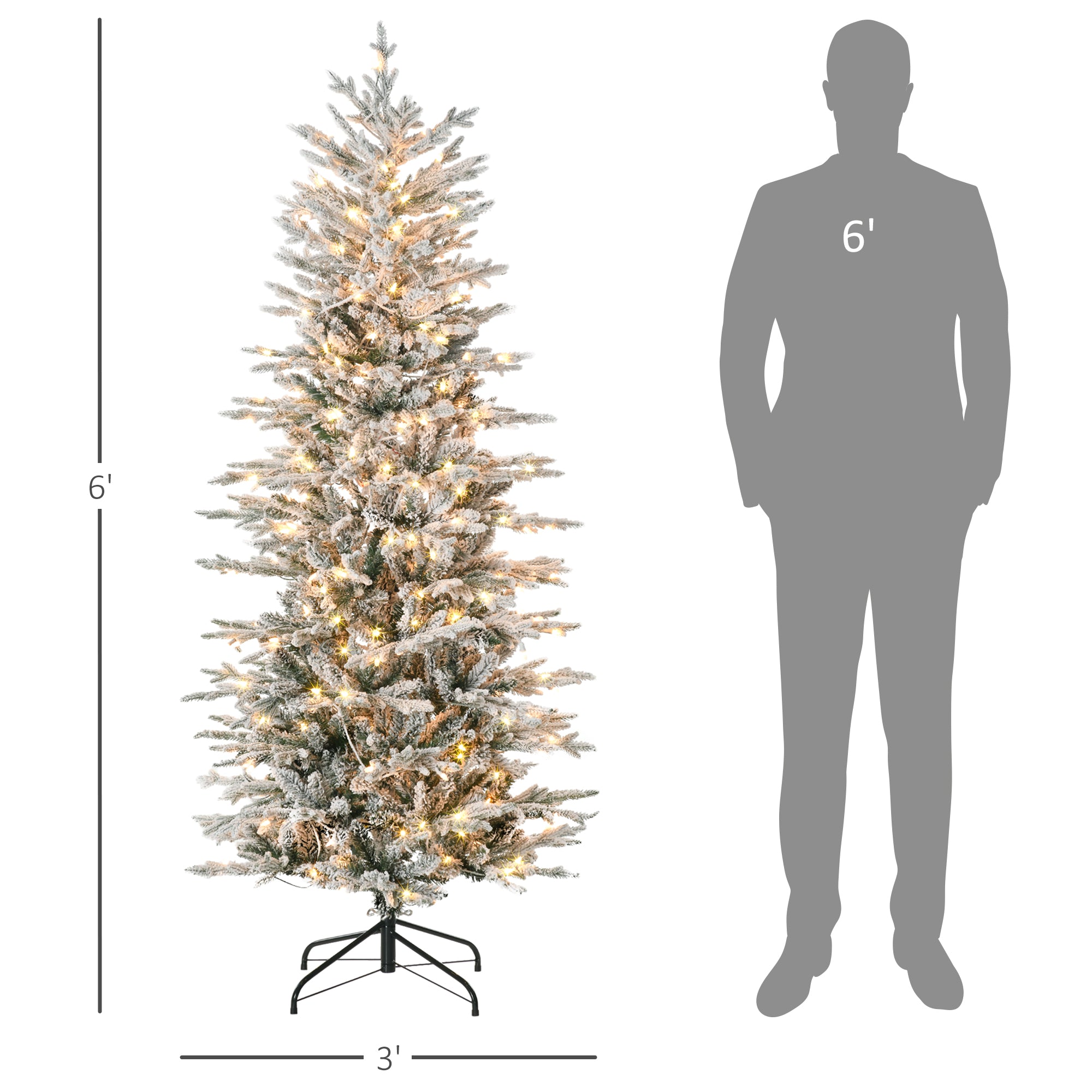 6ft Tall Prelit Artificial Christmas Tree Holiday Décor with 636 Snow Flocked Branches, 250 Warm Yellow Clear Lights, Auto Open, Extra Bulb
