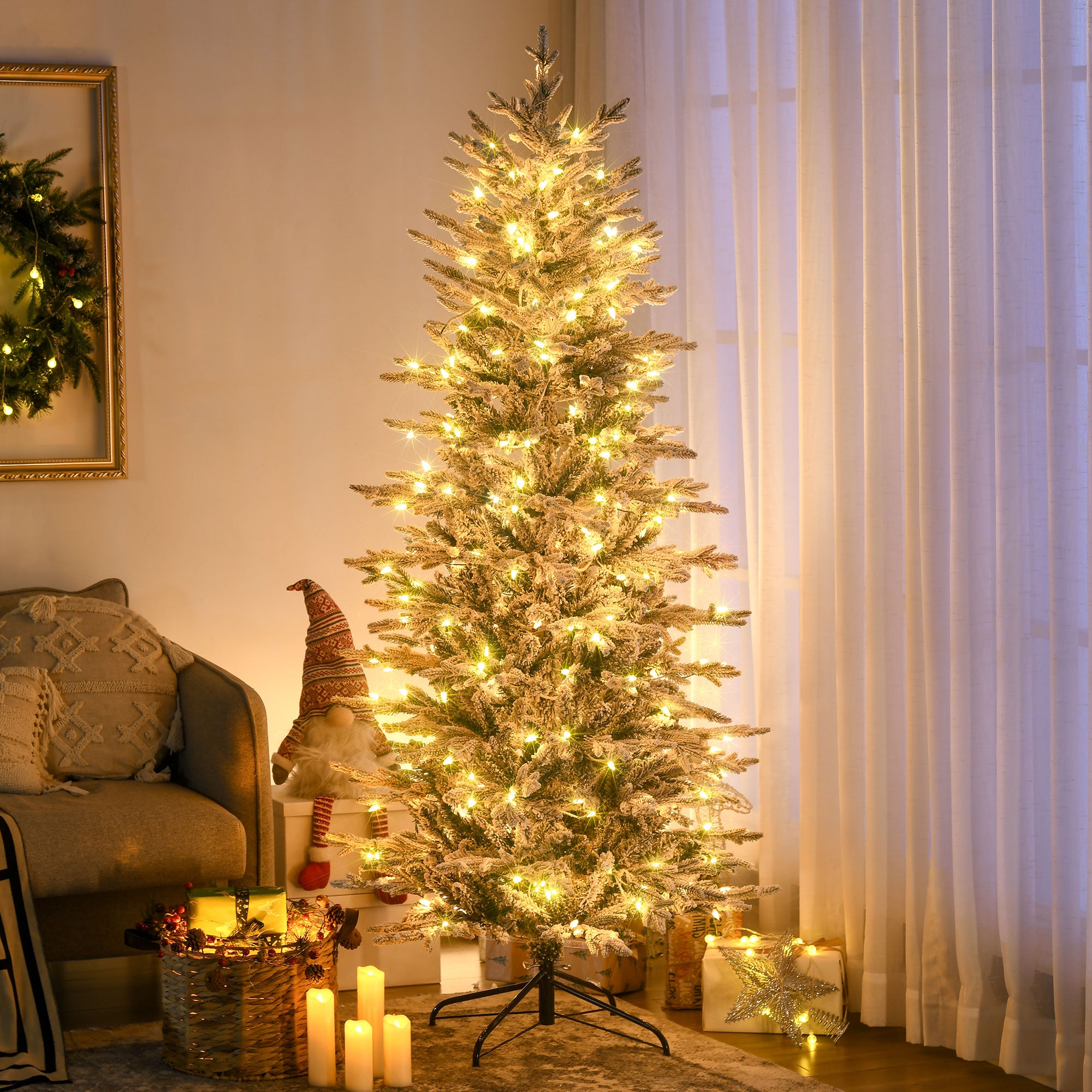 6ft Tall Prelit Artificial Christmas Tree Holiday Décor with 636 Snow Flocked Branches, 250 Warm Yellow Clear Lights, Auto Open, Extra Bulb