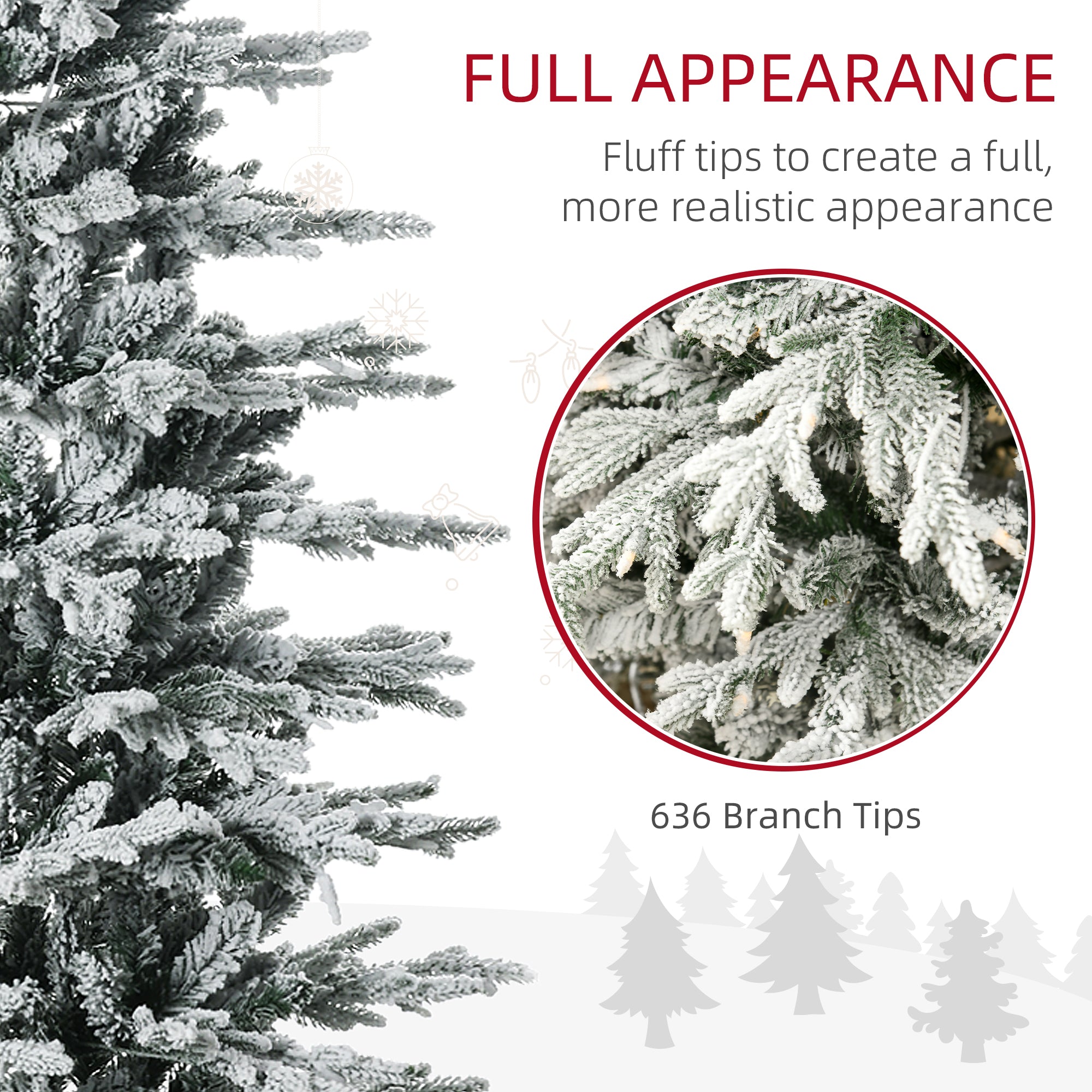 6ft Tall Prelit Artificial Christmas Tree Holiday Décor with 636 Snow Flocked Branches, 250 Warm Yellow Clear Lights, Auto Open, Extra Bulb