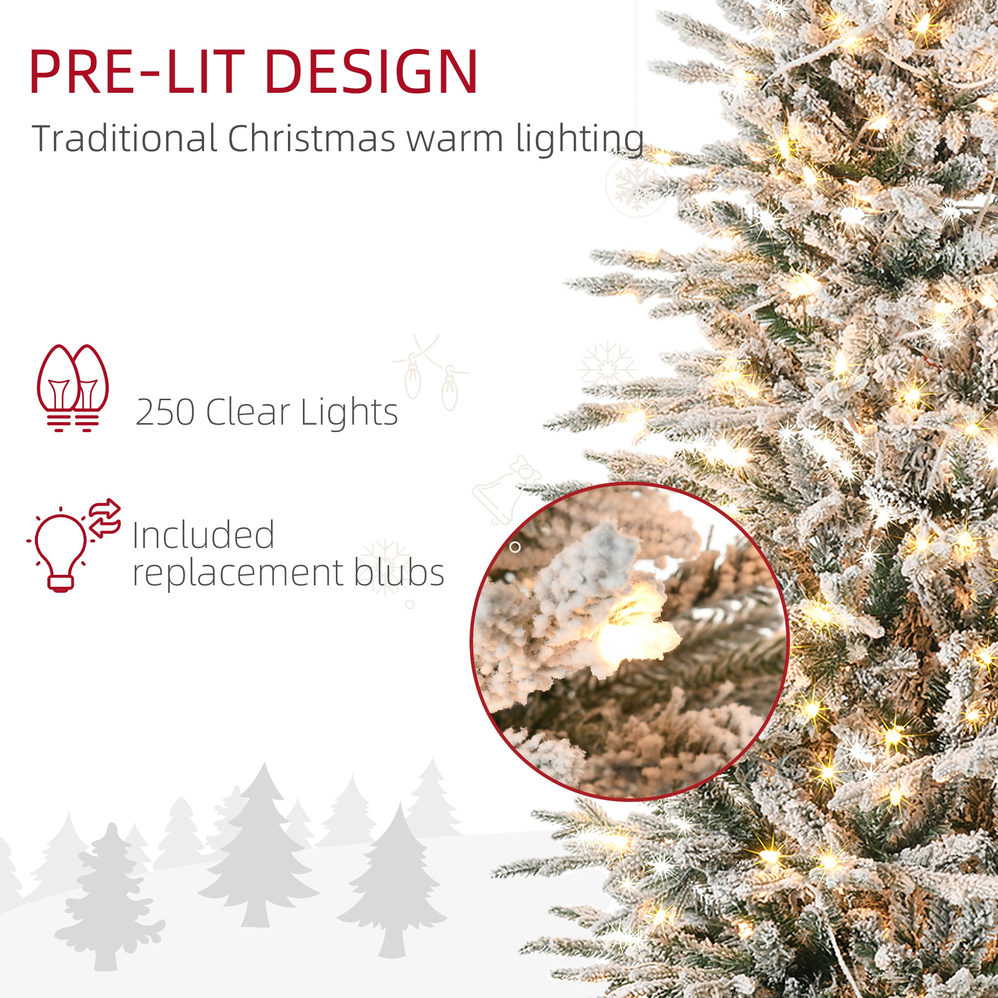 6ft Tall Prelit Artificial Christmas Tree Holiday Décor with 636 Snow Flocked Branches, 250 Warm Yellow Clear Lights, Auto Open, Extra Bulb