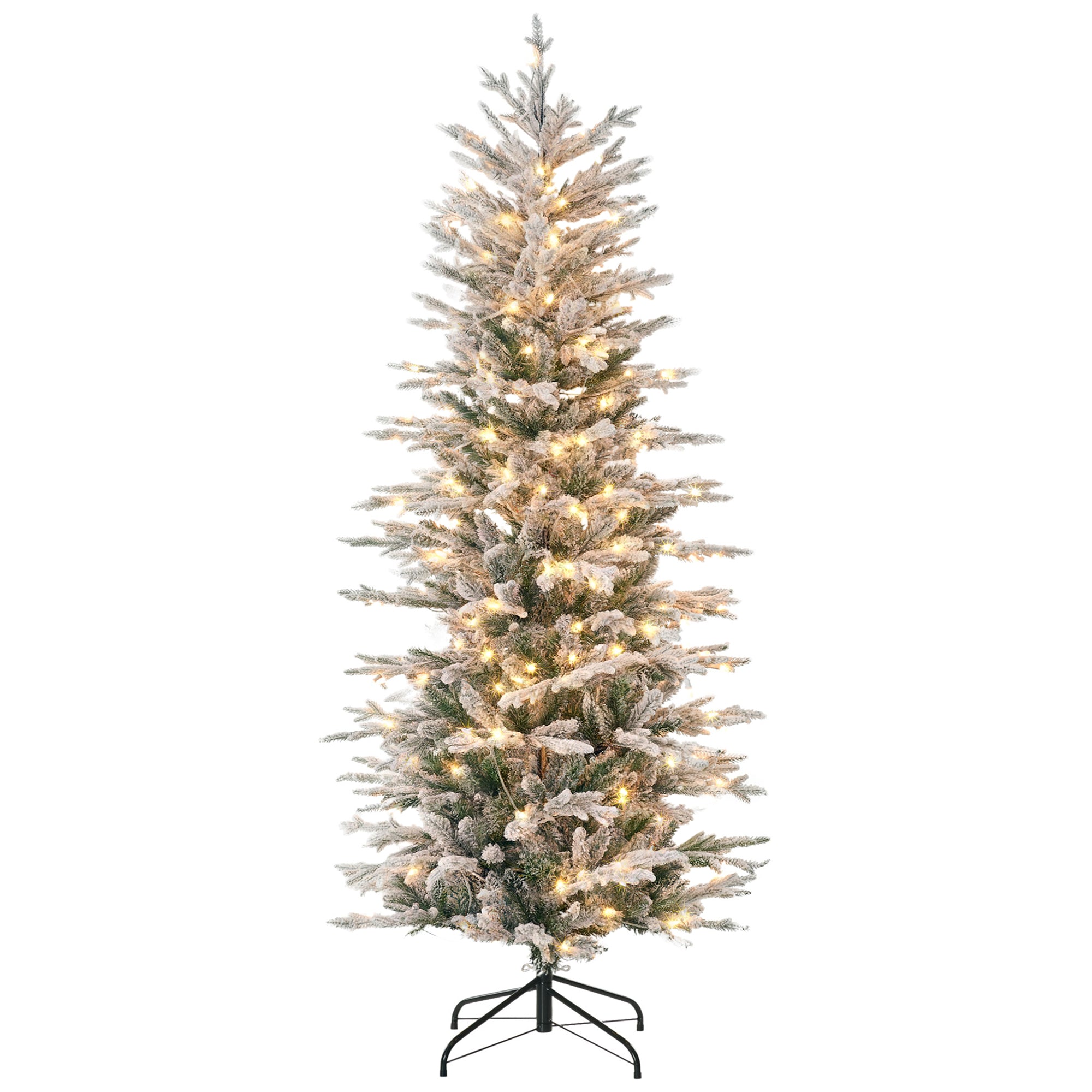6ft Tall Prelit Artificial Christmas Tree Holiday Décor with 636 Snow Flocked Branches, 250 Warm Yellow Clear Lights, Auto Open, Extra Bulb